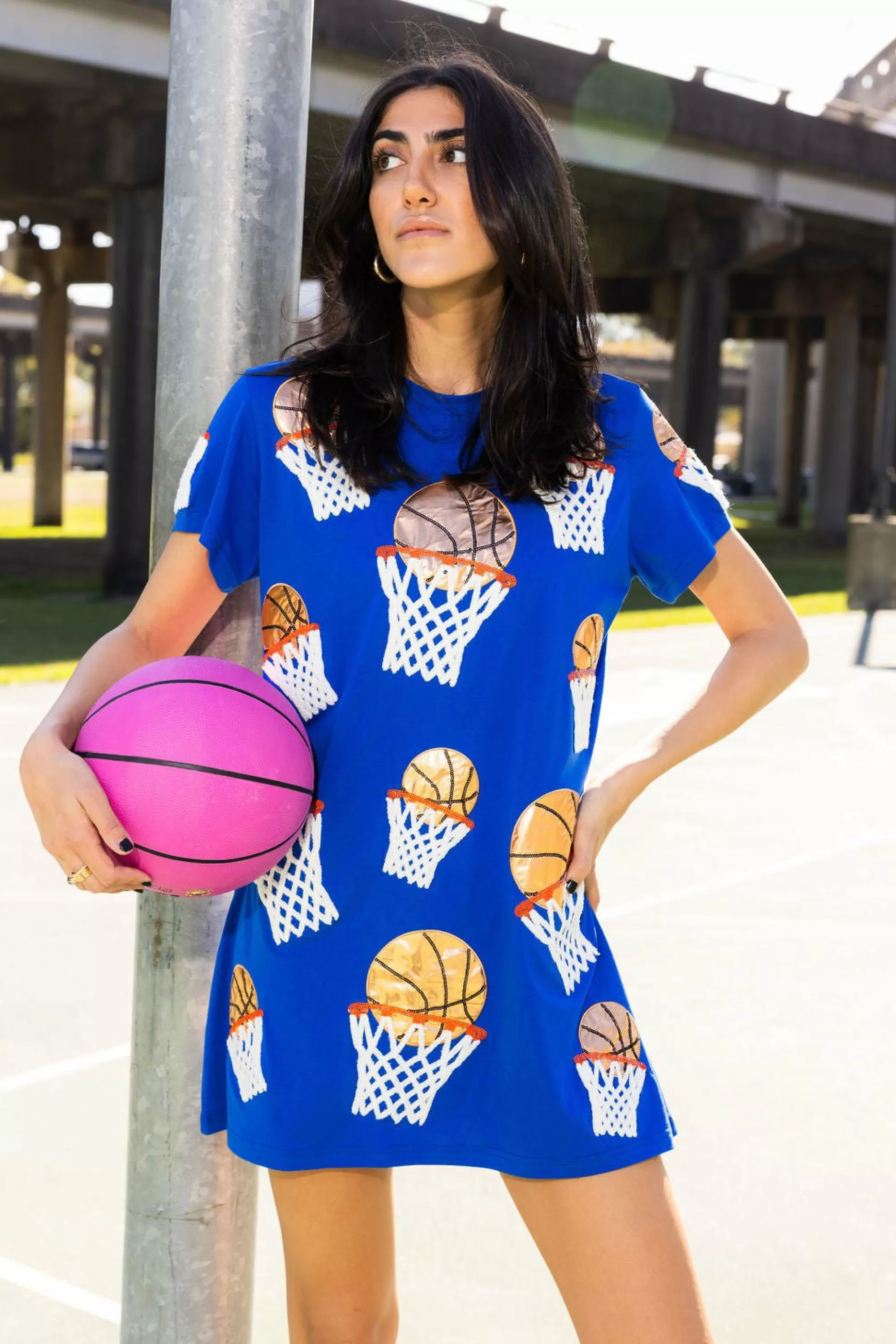 womens Queen Of Sparkles Basketball Hoop Tee Dress