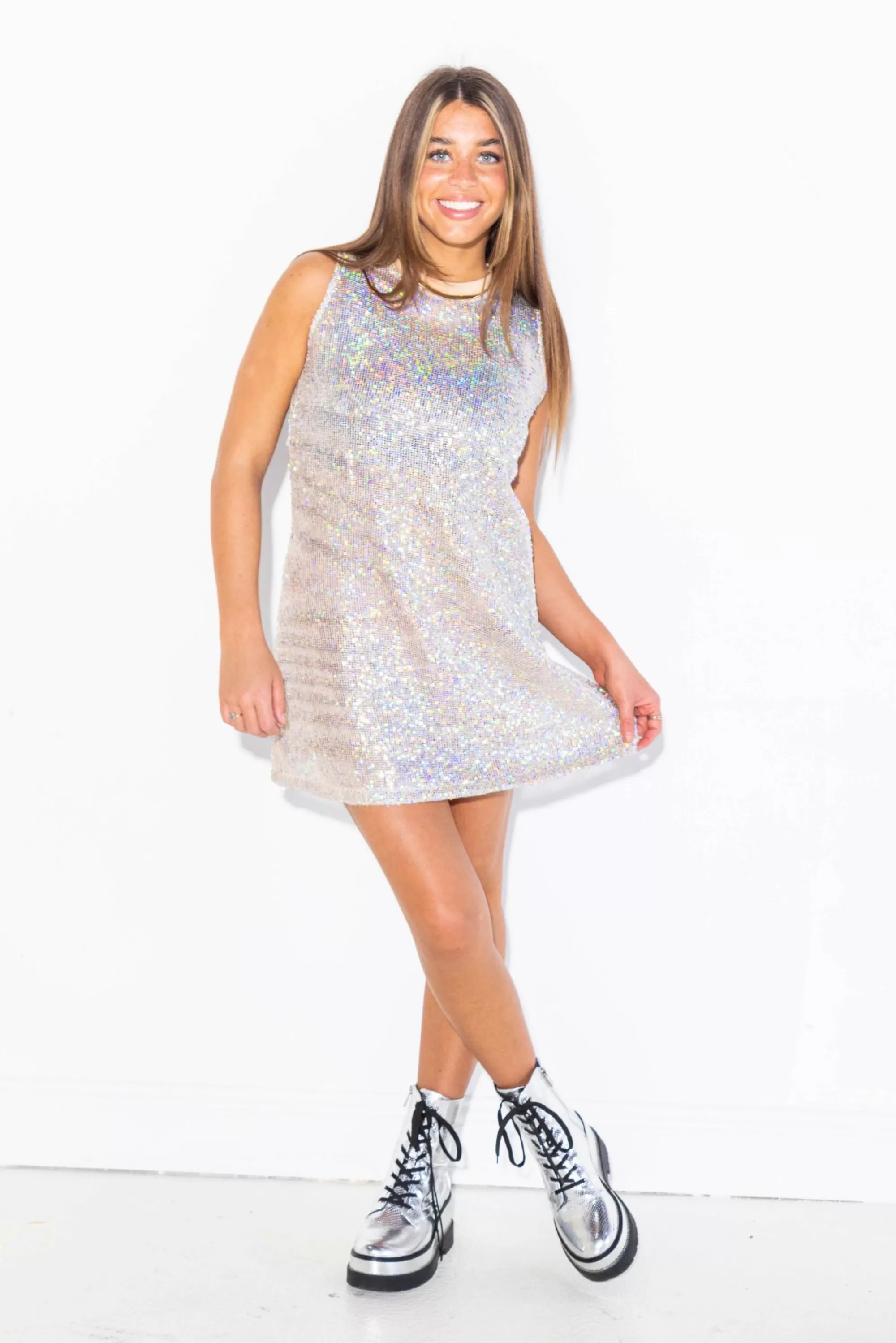 womens Queen Of Sparkles Beige Sequin Mesh Tank Coverup