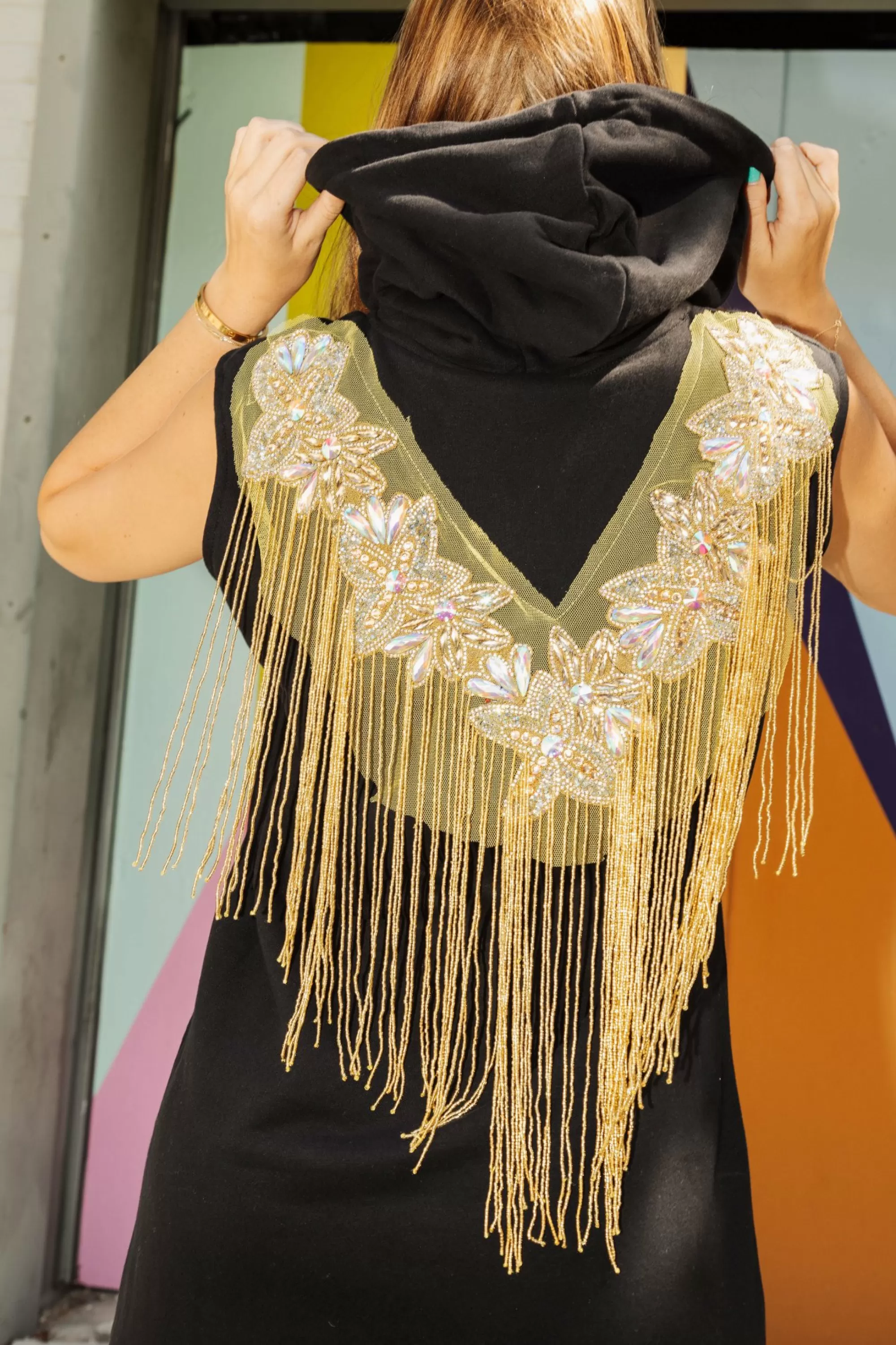 womens Queen Of Sparkles Black & Gold Bead Fringe Hoodie Dress