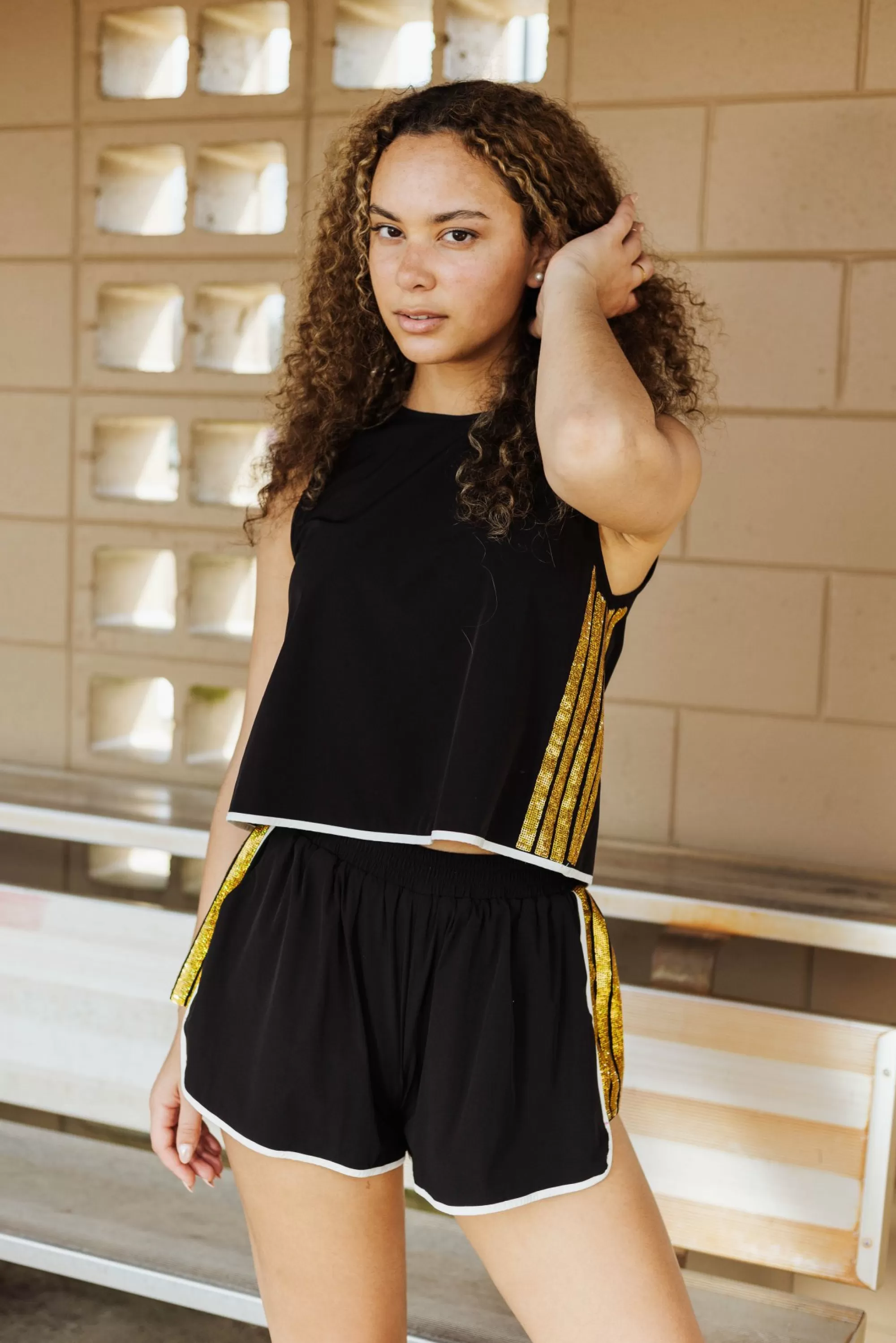 womens Queen Of Sparkles Black & Gold Side Active Short