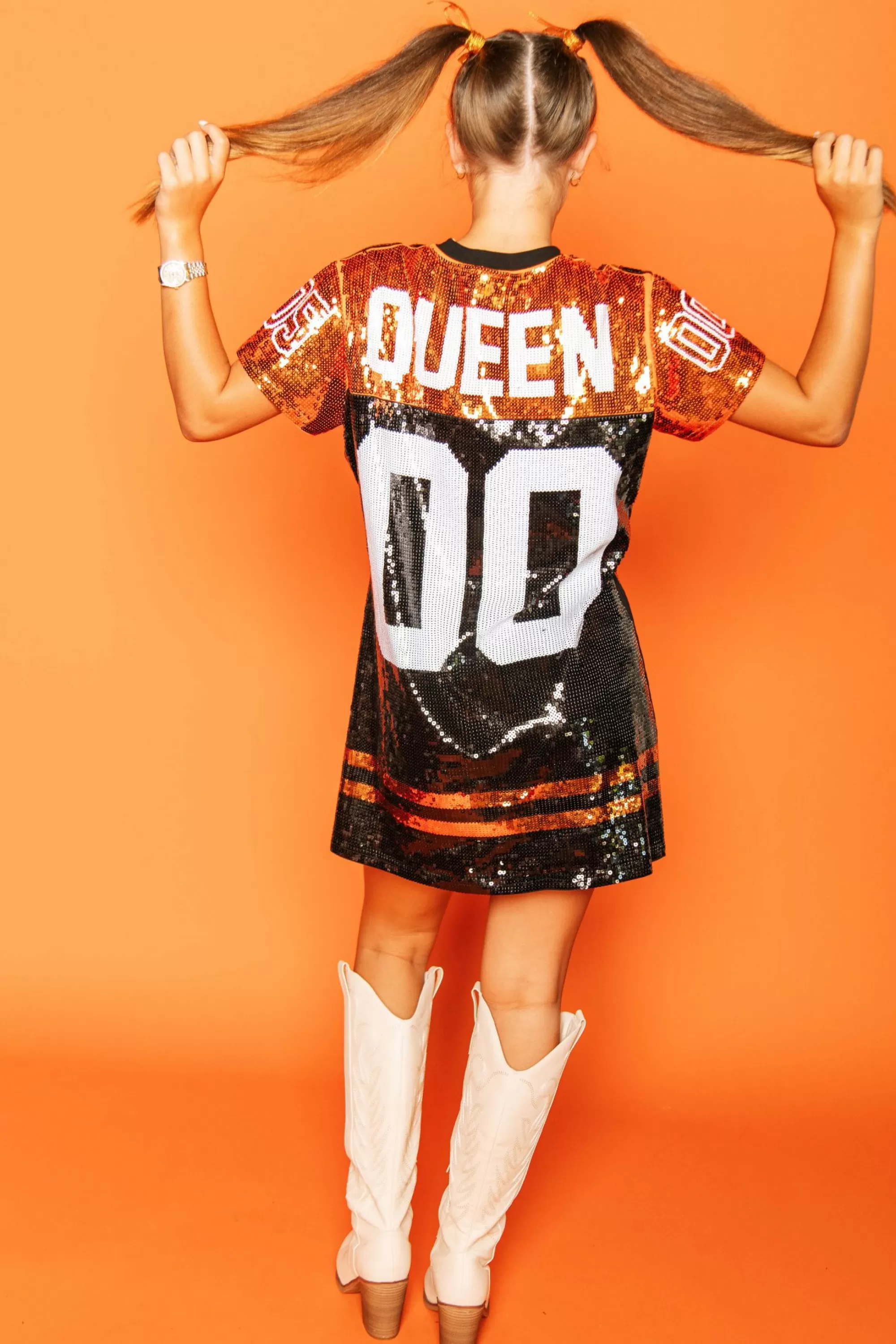 womens Queen Of Sparkles Black & Orange Full Sequin Jersey Dress