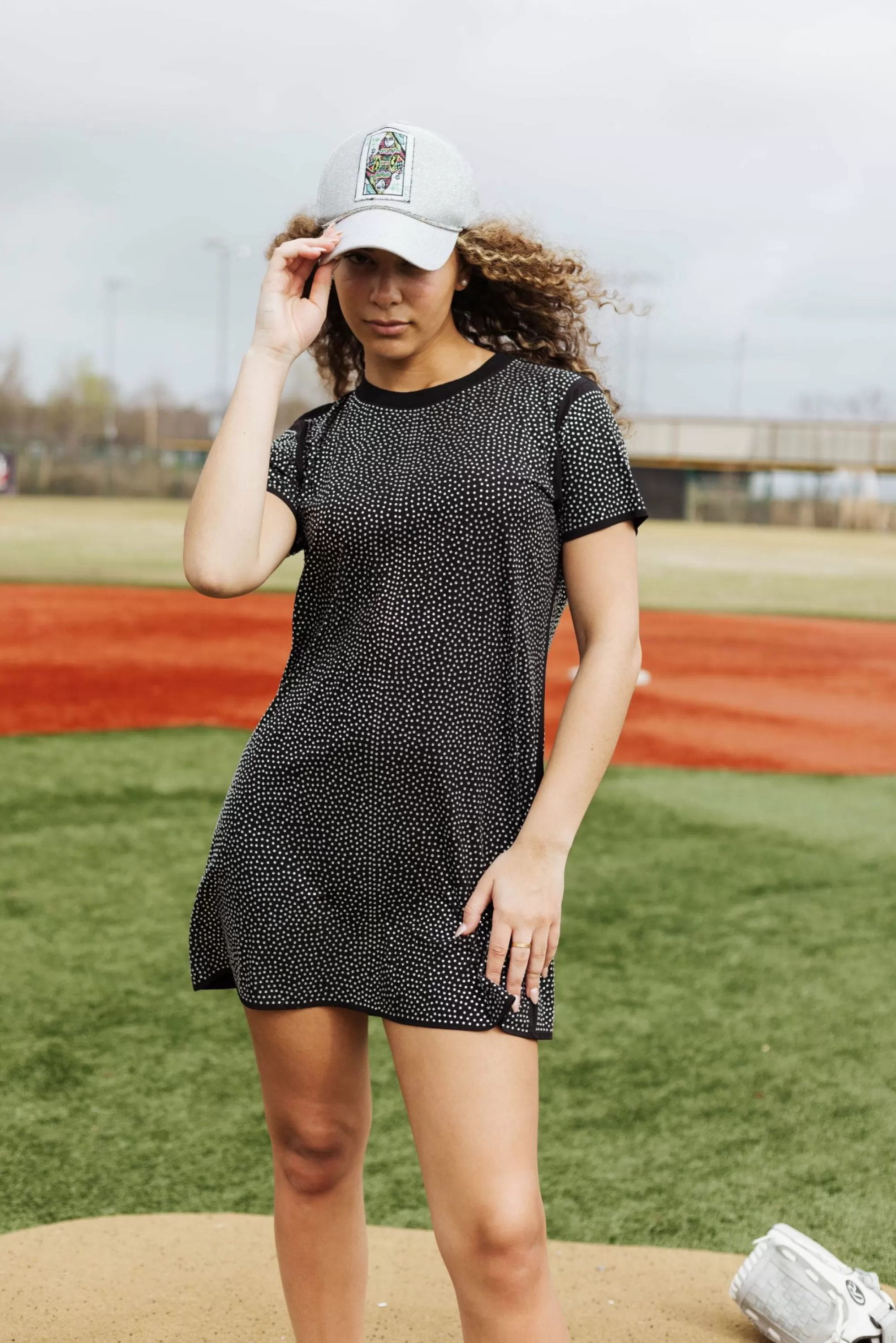 womens Queen Of Sparkles Black Active Rhinestone Tee Dress