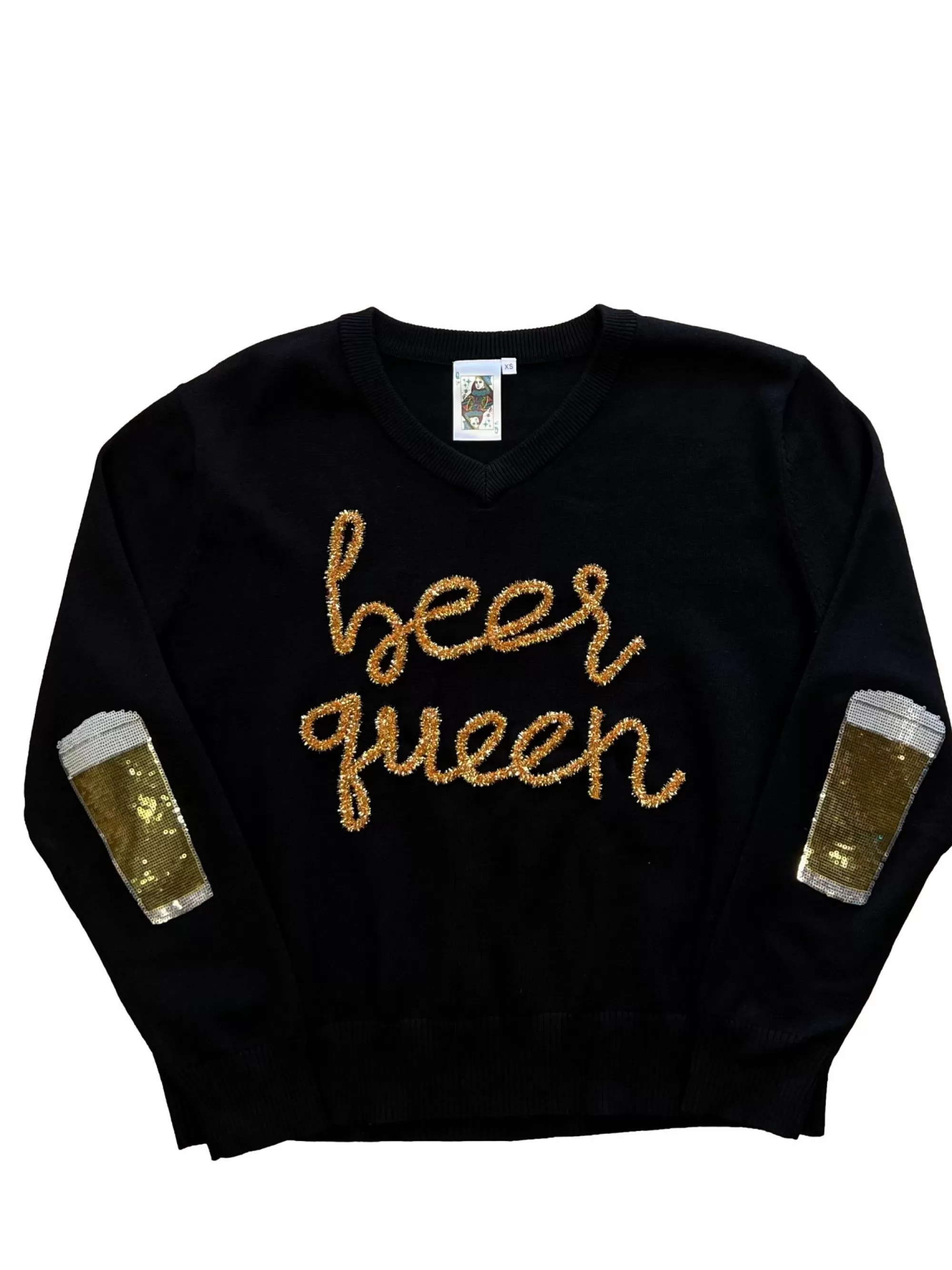 womens Queen Of Sparkles Black Beer Queen Sweater