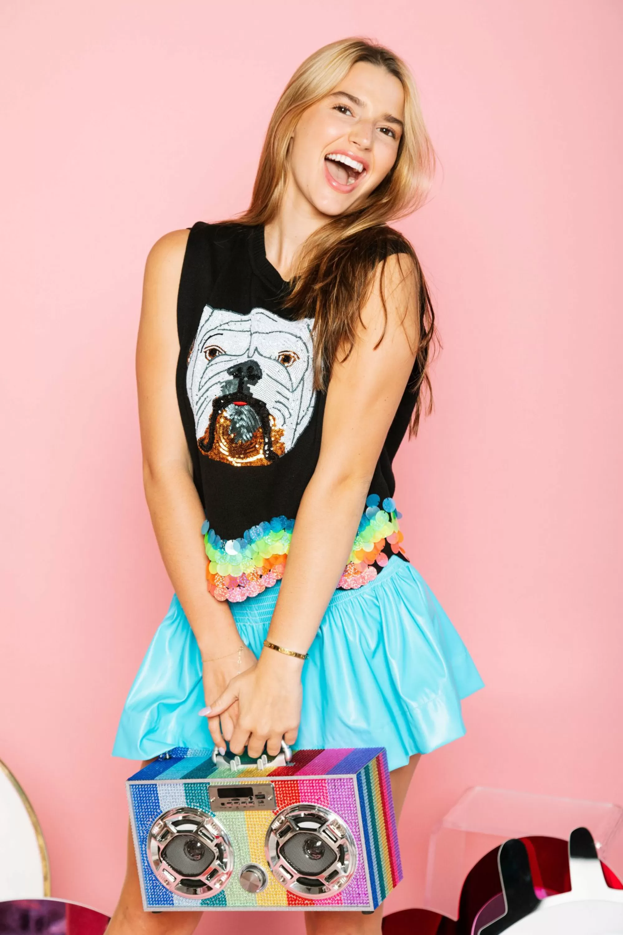 womens Queen Of Sparkles Black Bulldog Rainbow Wavy Sweater Tank