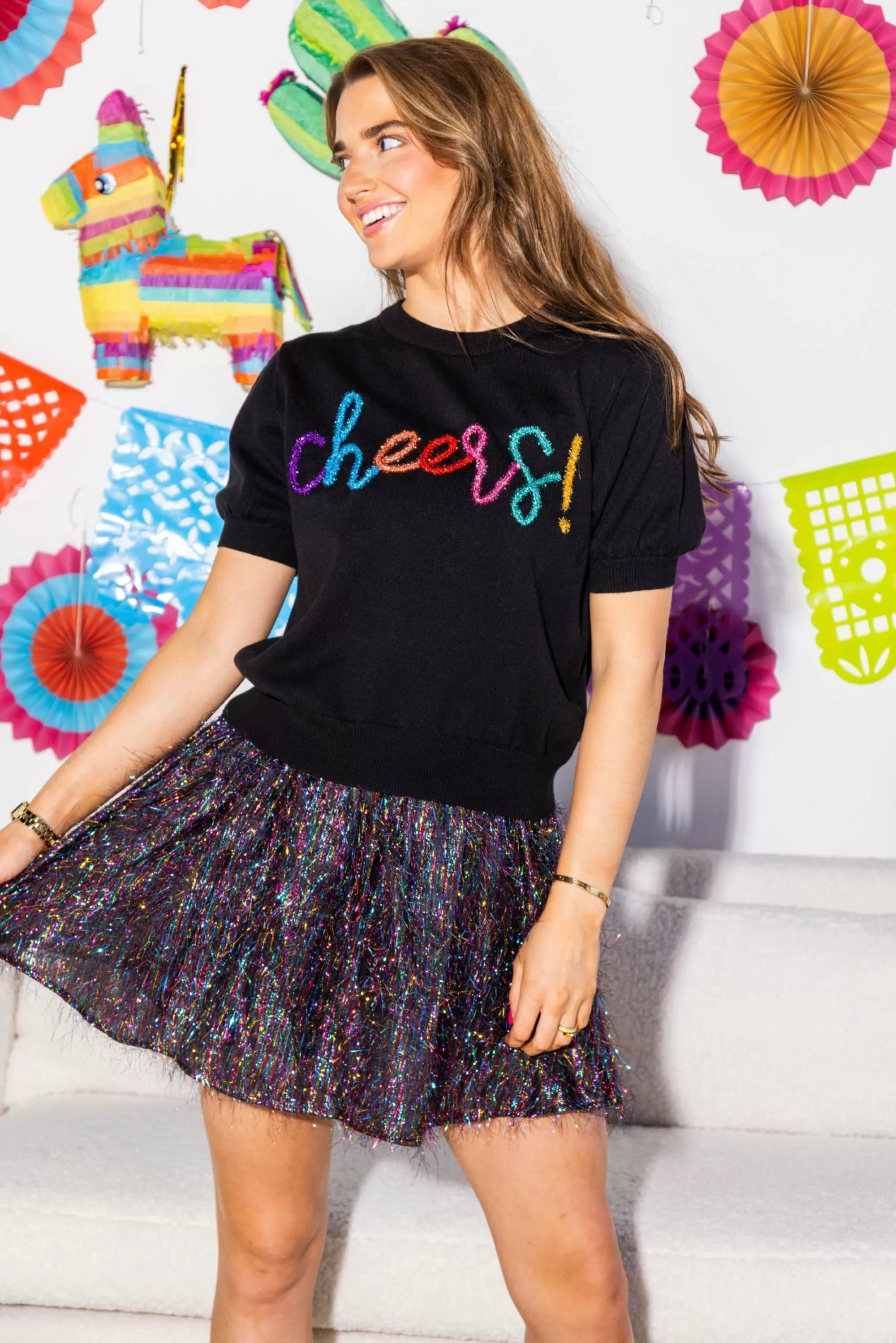 womens Queen Of Sparkles Black Cheers Glitter Script Short Sleeve Sweater