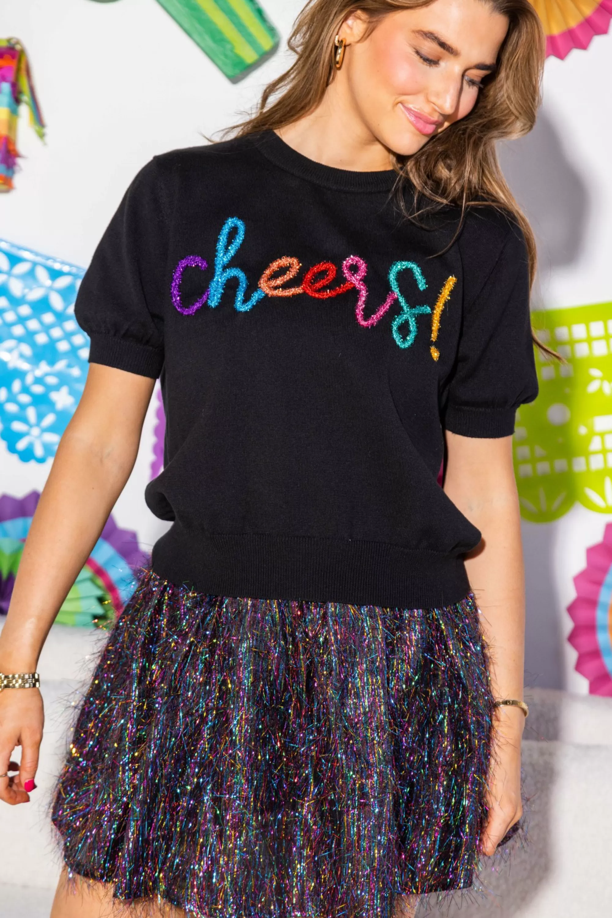 womens Queen Of Sparkles Black Cheers Glitter Script Short Sleeve Sweater