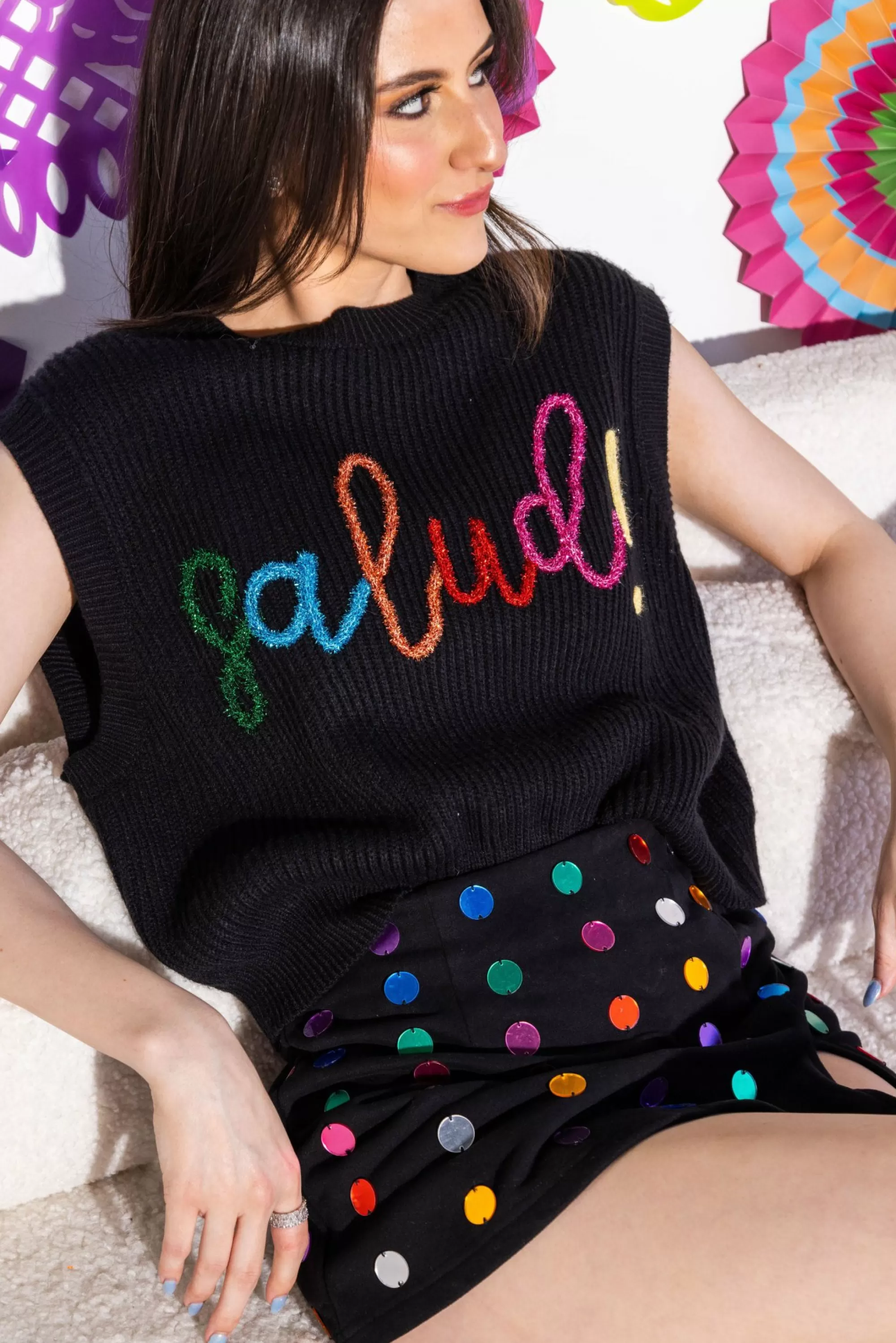womens Queen Of Sparkles Black Glitter Script Salud! Sweater Tank