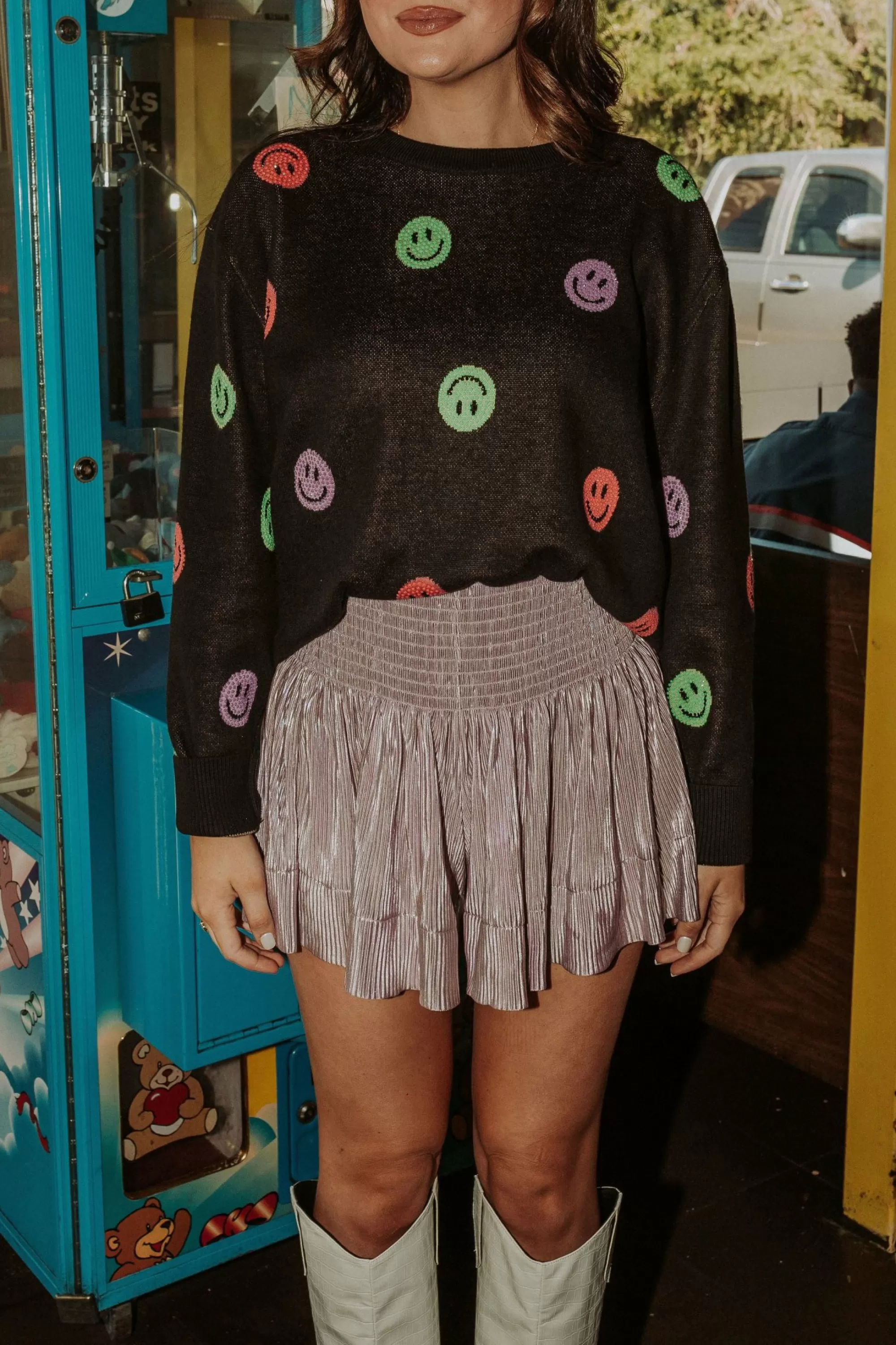 womens Queen Of Sparkles Black Neon Smiley Sweater
