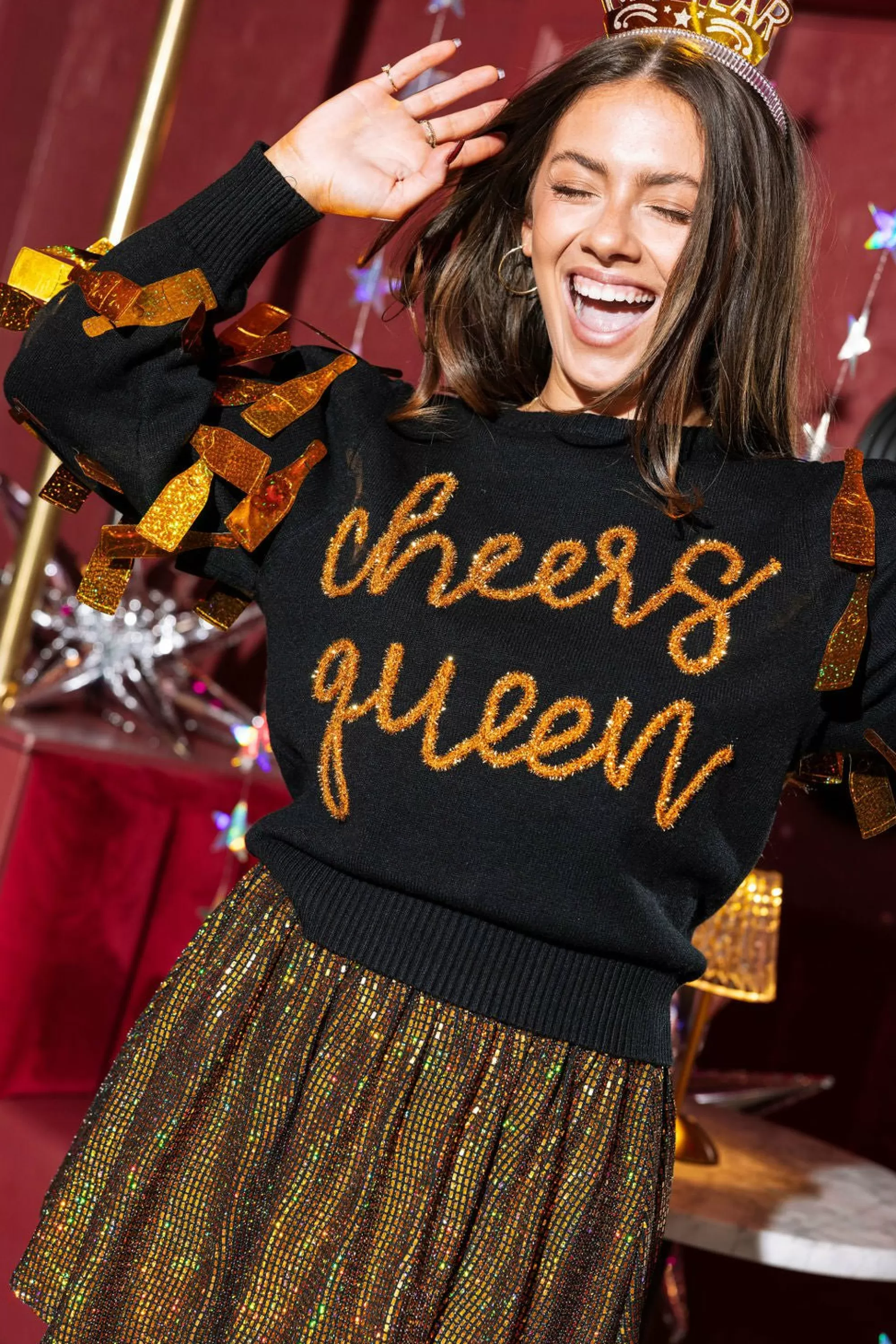 womens Queen Of Sparkles Black Paillette Cheers Queen Sweater