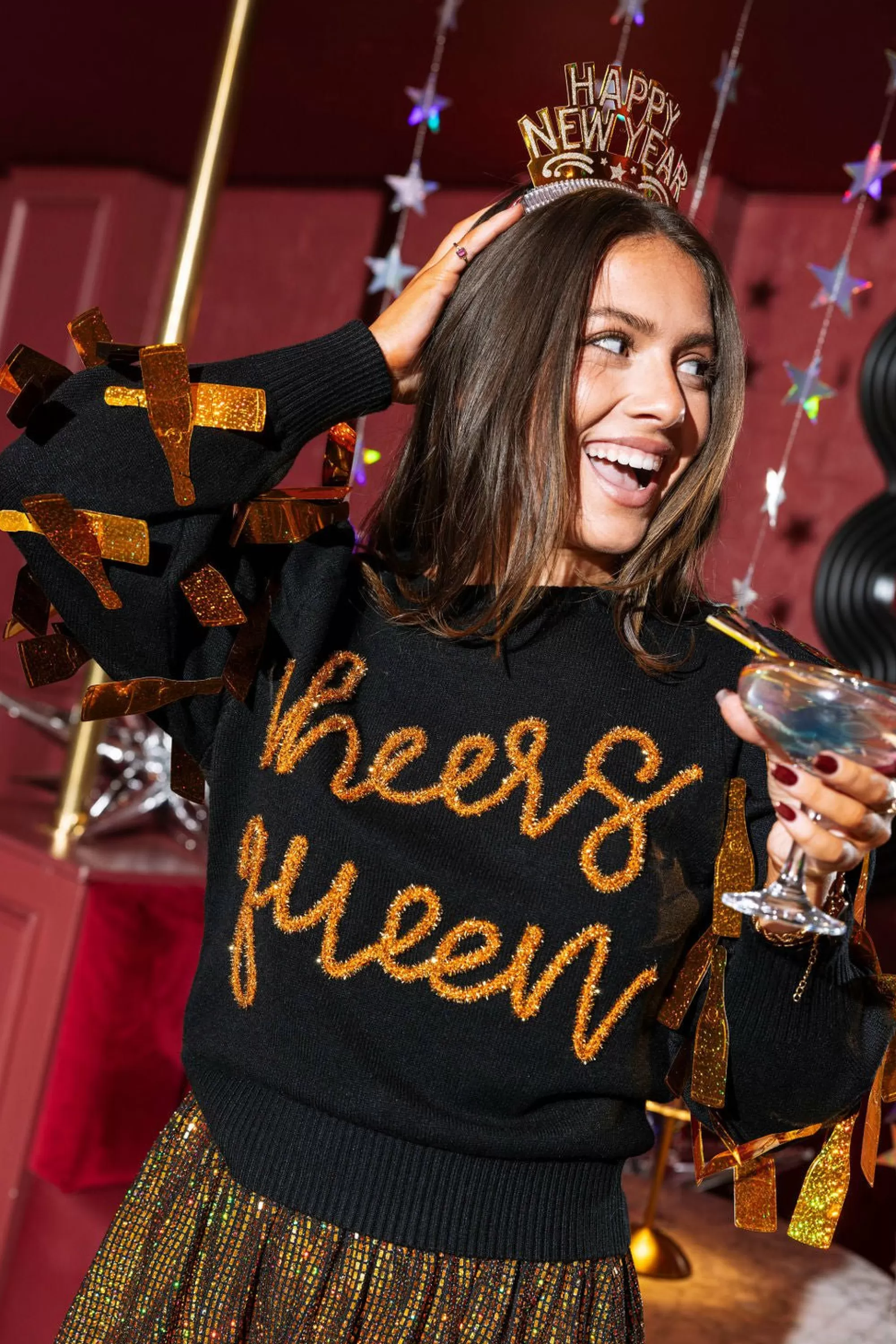 womens Queen Of Sparkles Black Paillette Cheers Queen Sweater