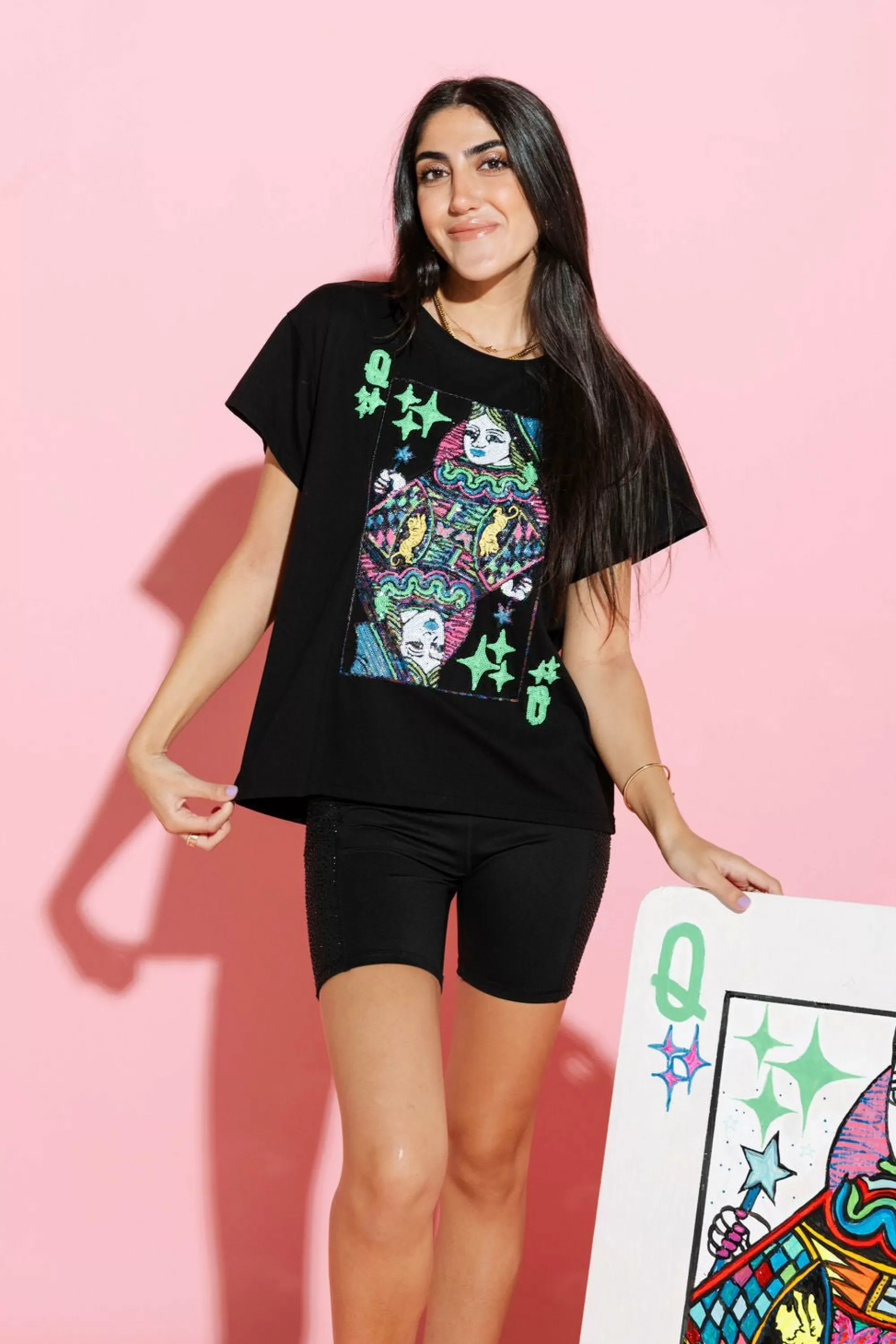 womens Queen Of Sparkles Black Qos Card Logo Tee