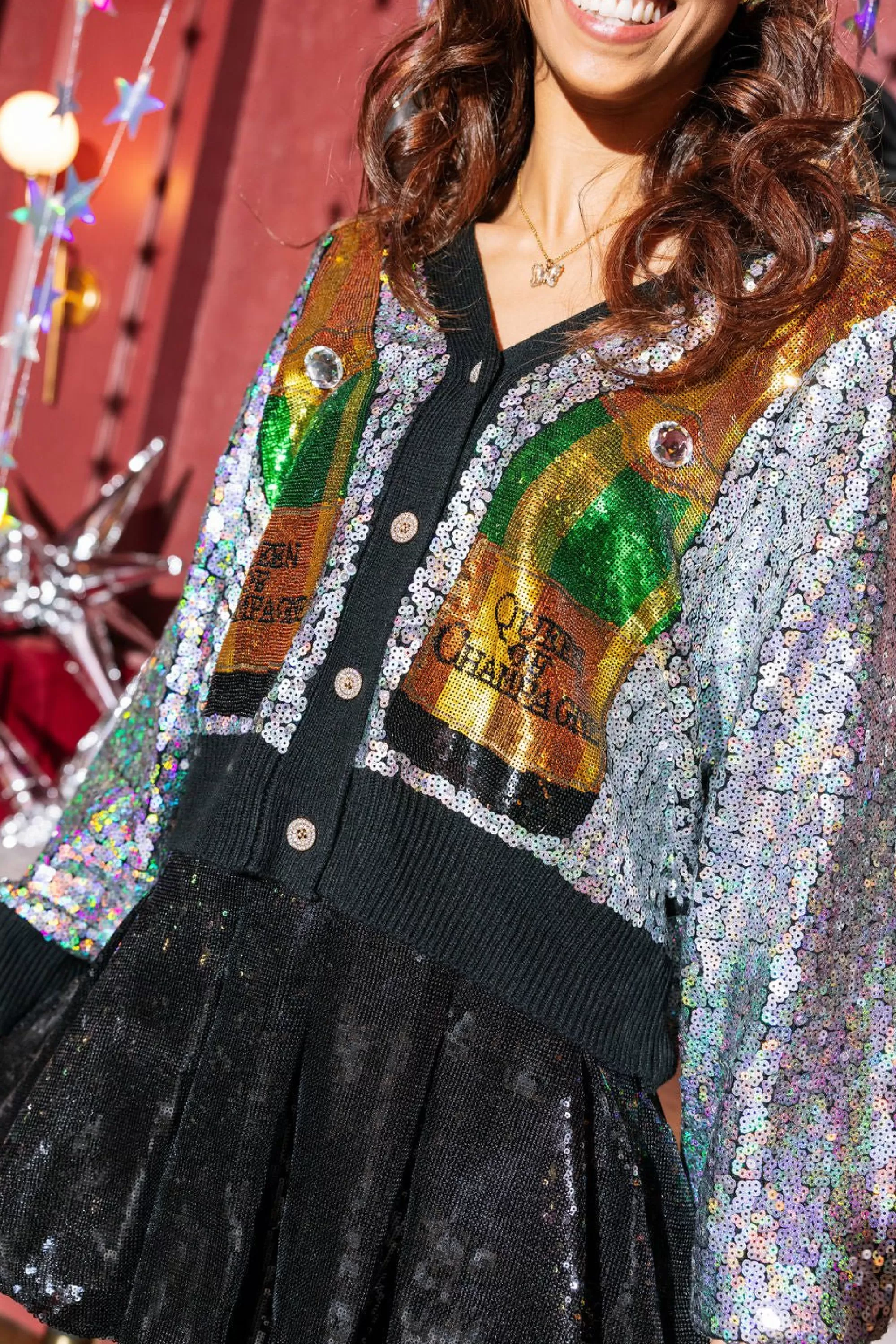 womens Queen Of Sparkles Black Queen Of Champagne Sequin Cardigan