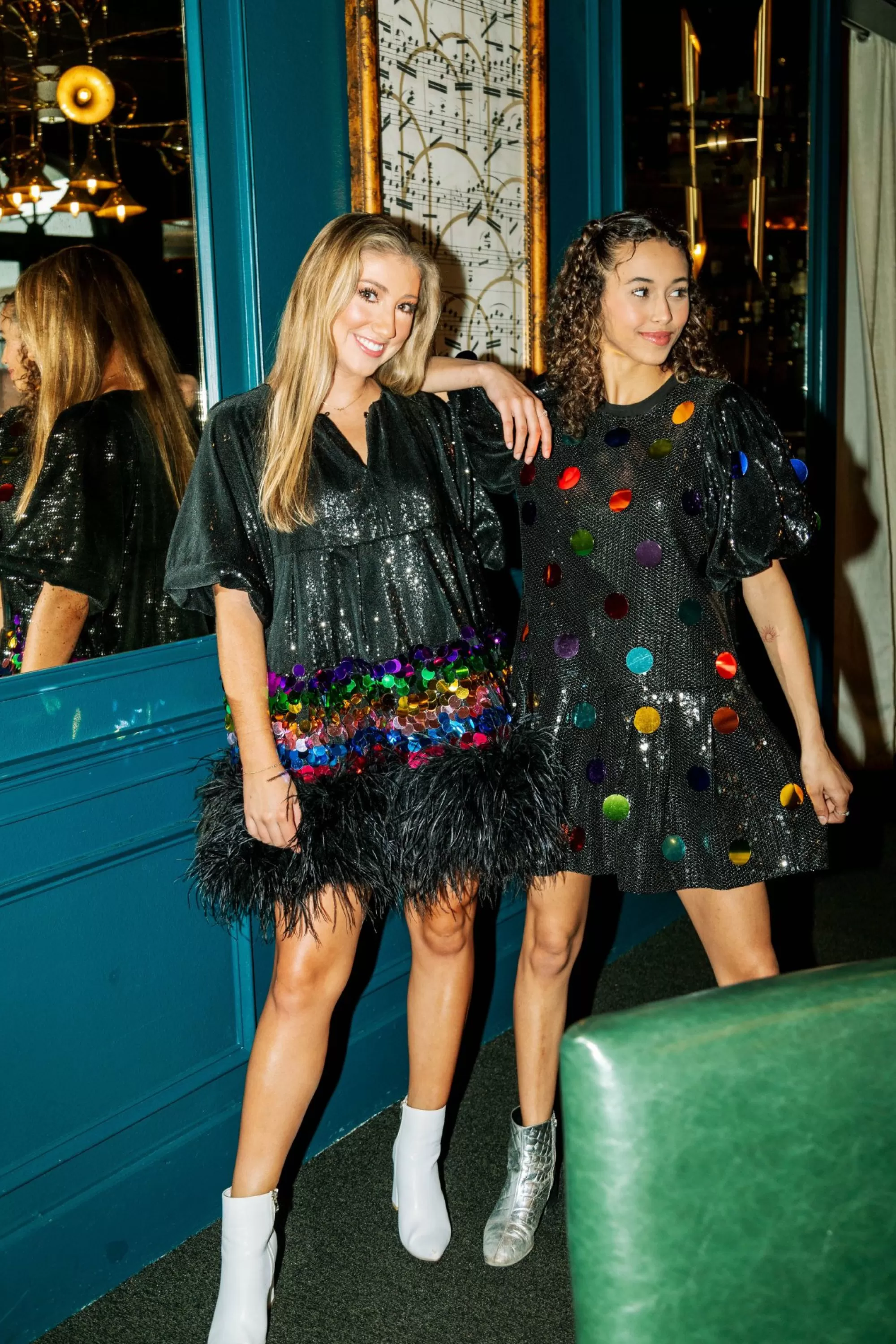 womens Queen Of Sparkles Black Sequin Feather Rainbow Paillette Dress
