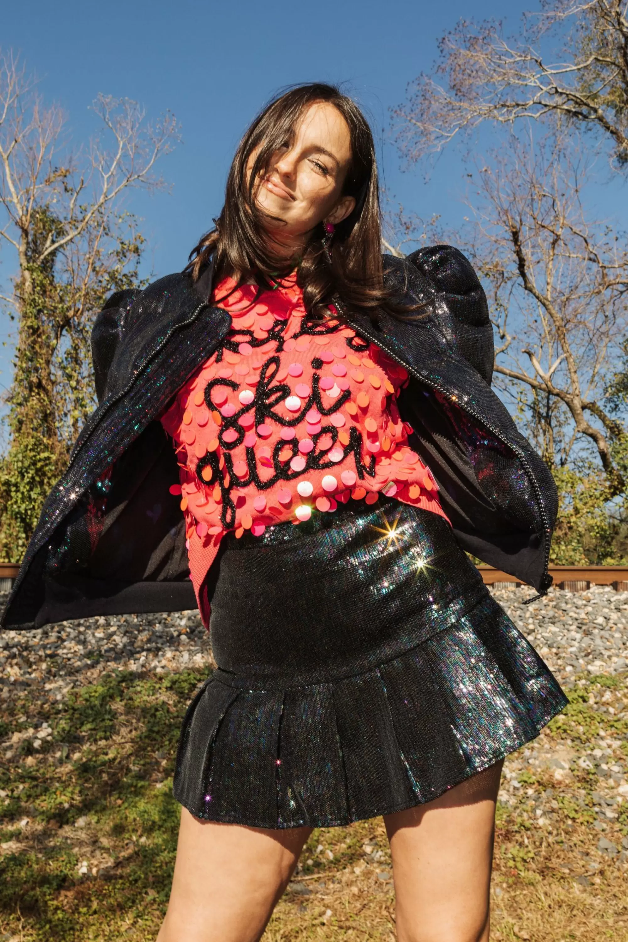 womens Queen Of Sparkles Black Sequin Flounce Skirt