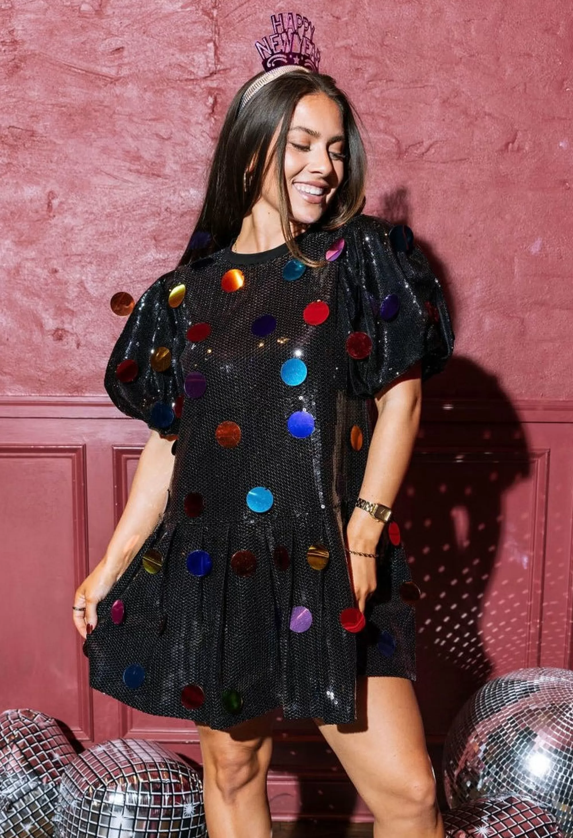 womens Queen Of Sparkles Black Sequin Poof Sleeve Rainbow Paillette Dress