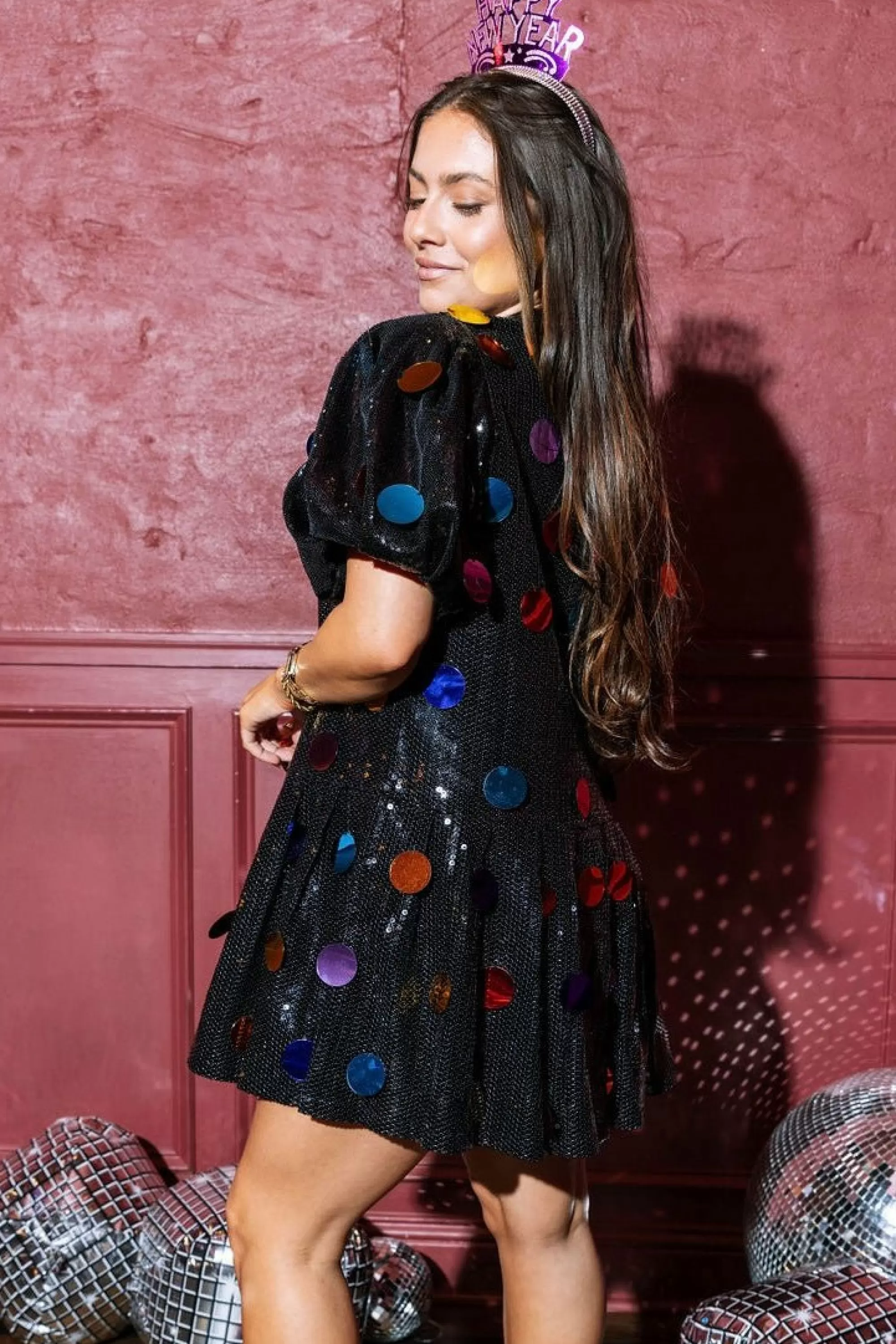 womens Queen Of Sparkles Black Sequin Poof Sleeve Rainbow Paillette Dress