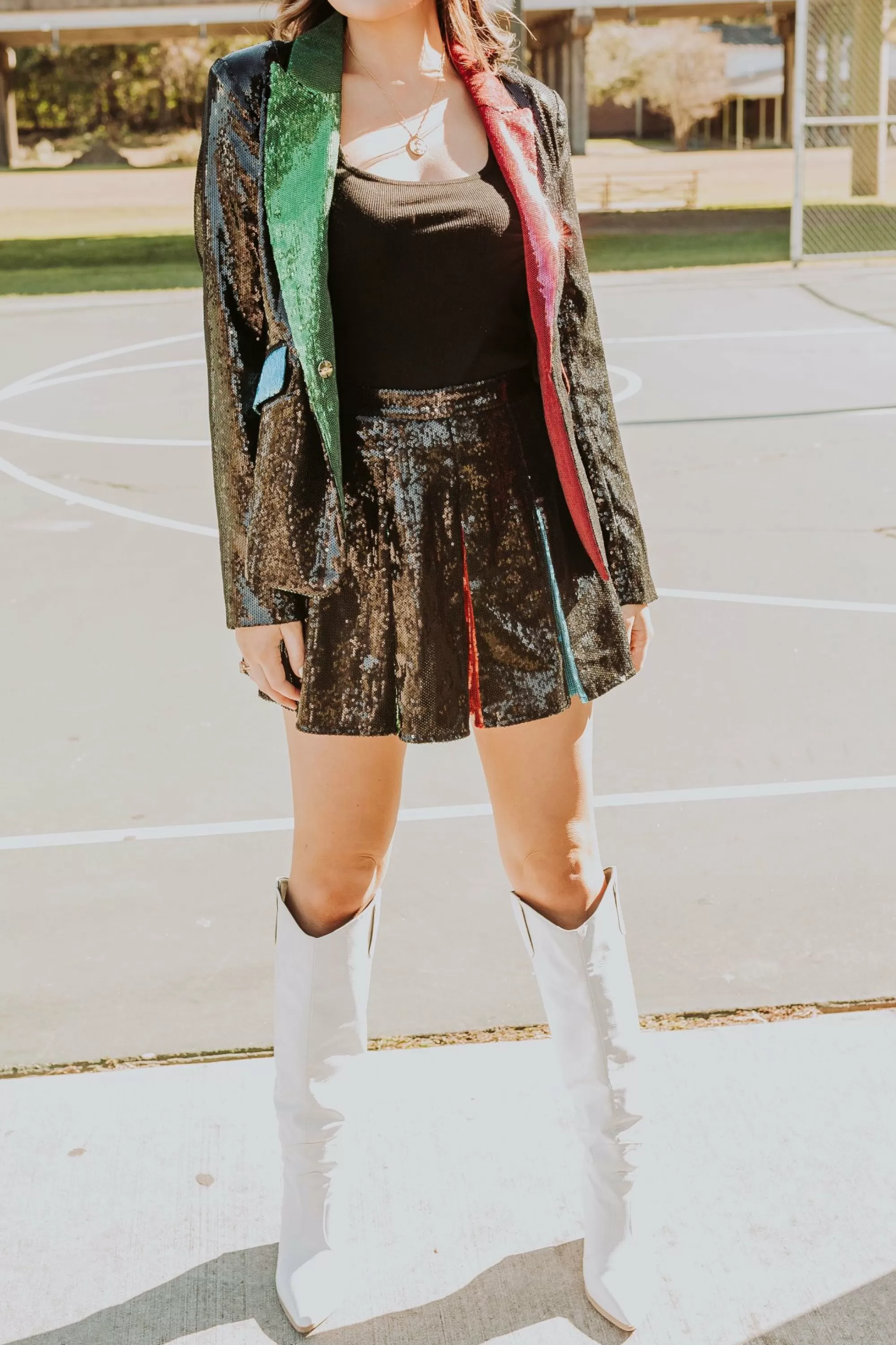 womens Queen Of Sparkles Black Sequin Rainbow Pleat Skort