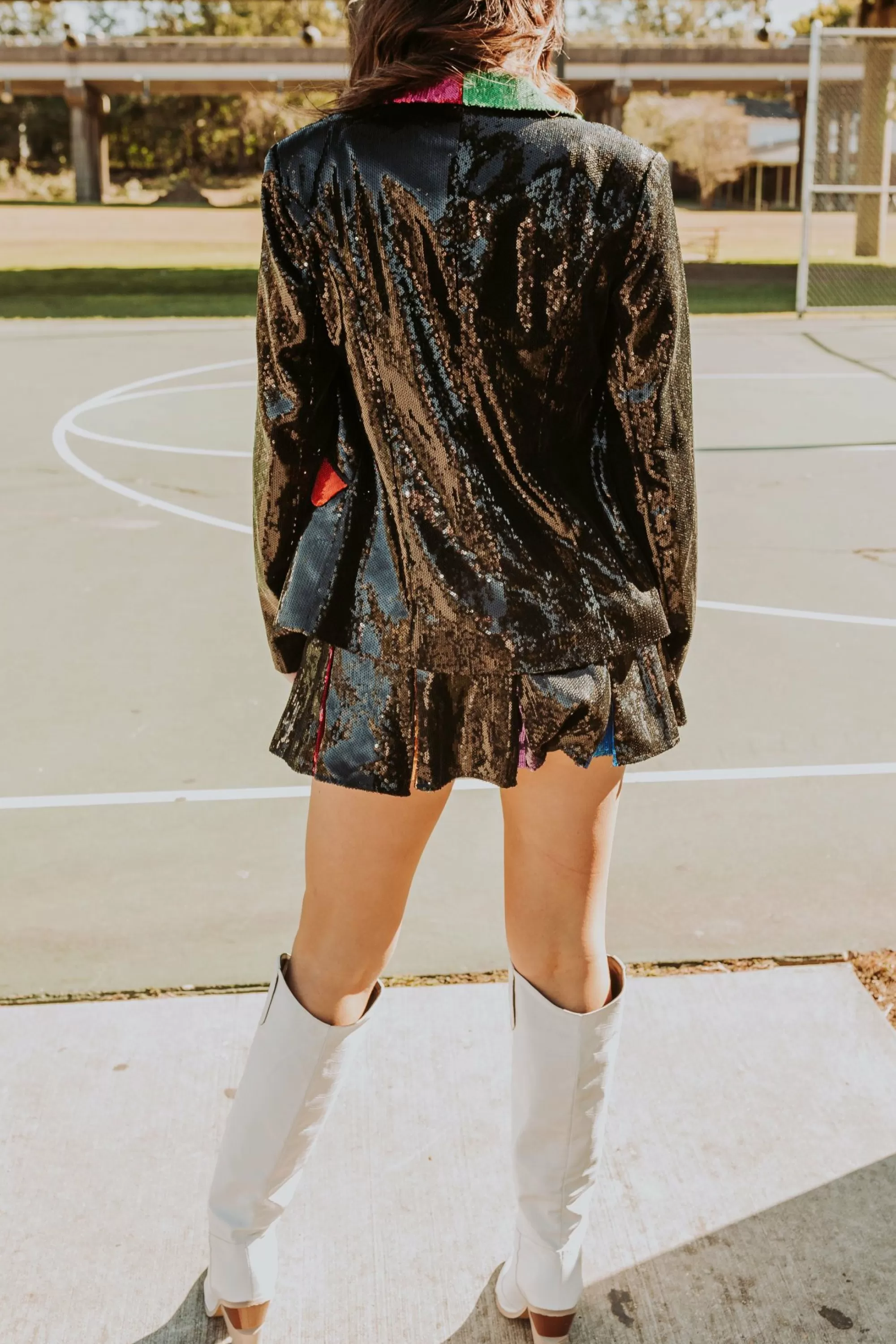 womens Queen Of Sparkles Black Sequin Rainbow Pleat Skort