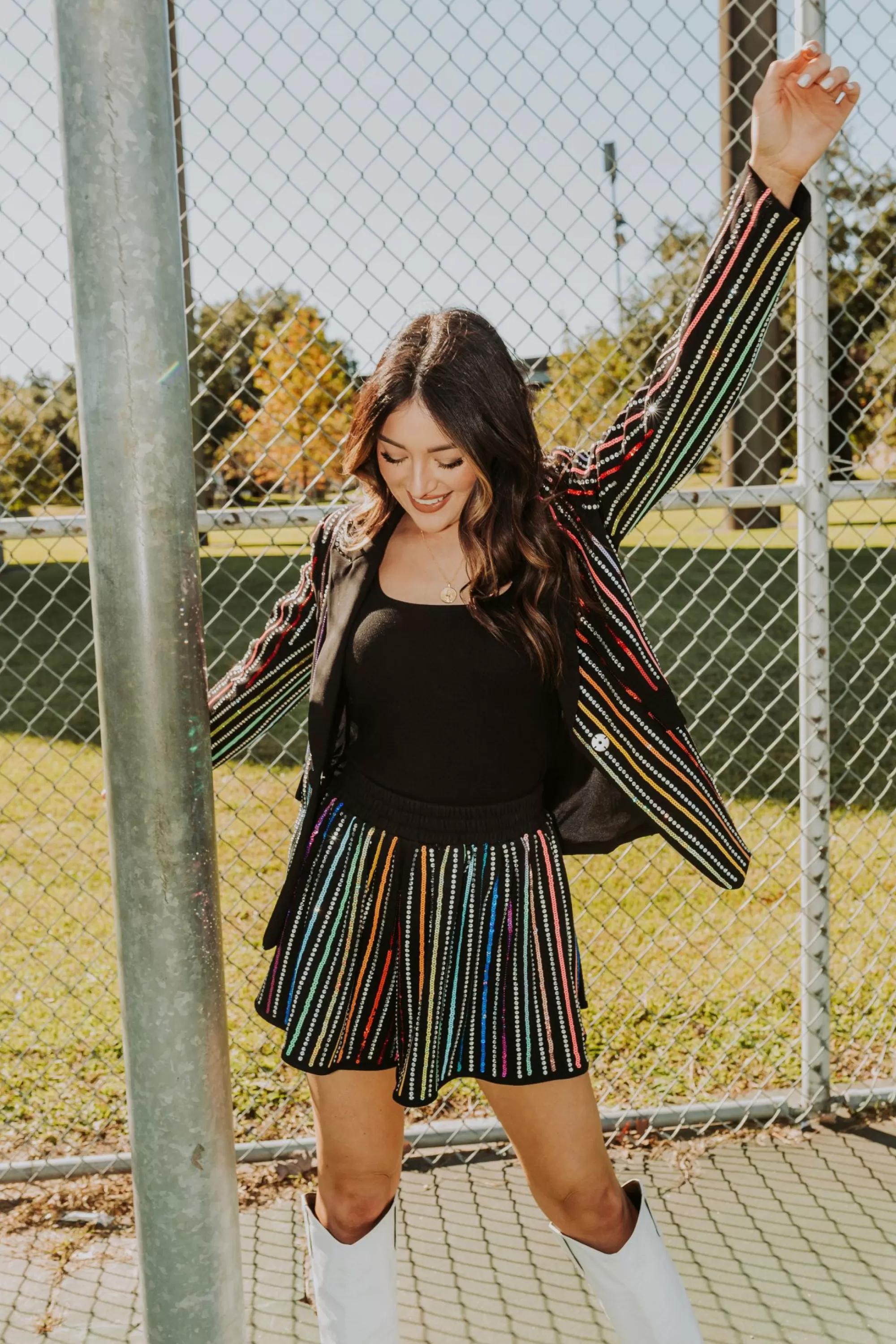 womens Queen Of Sparkles Black Sequin Rhinestone Stripe Swing Shorts