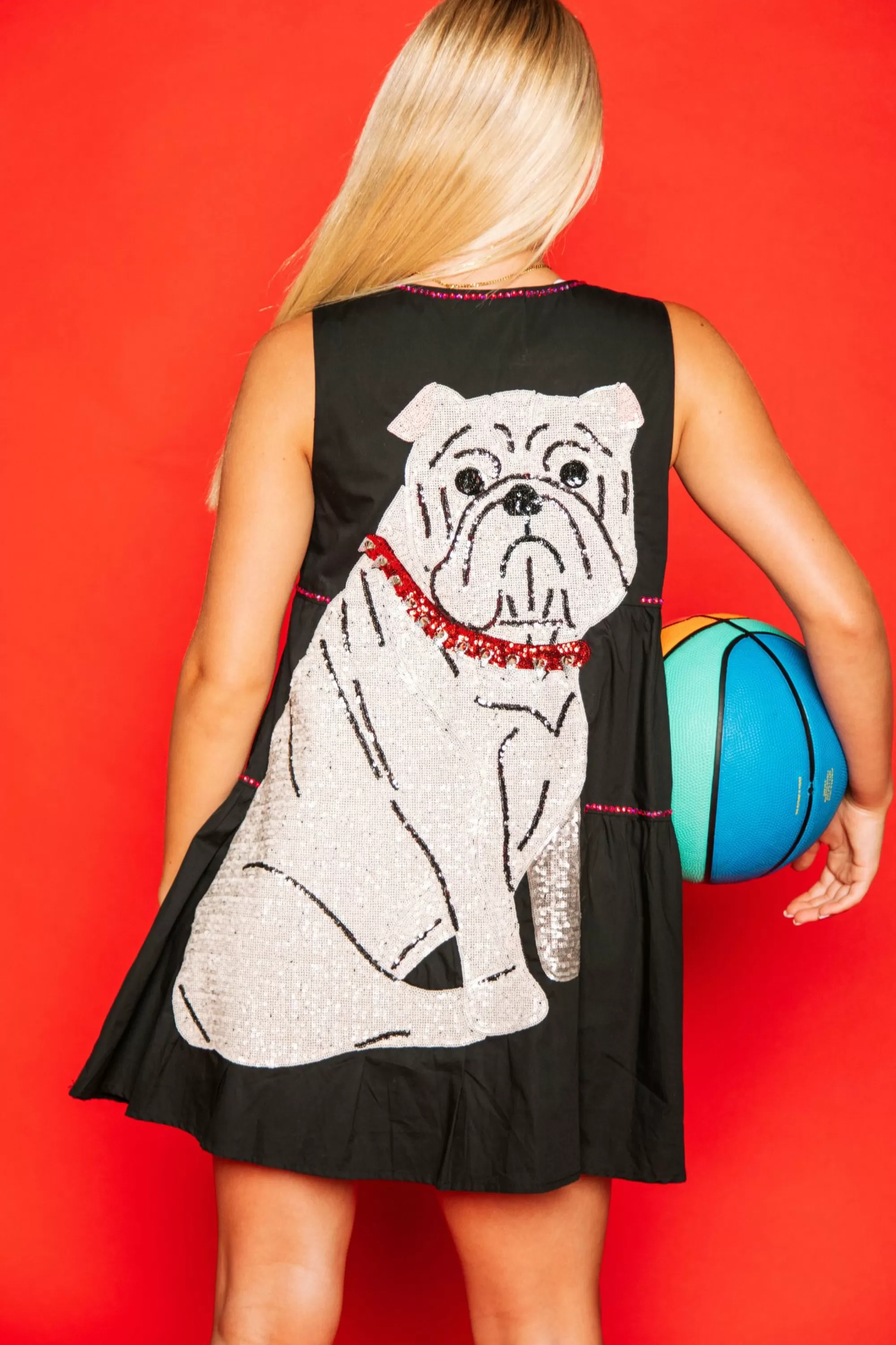 womens Queen Of Sparkles Black With White Dog Back Dress