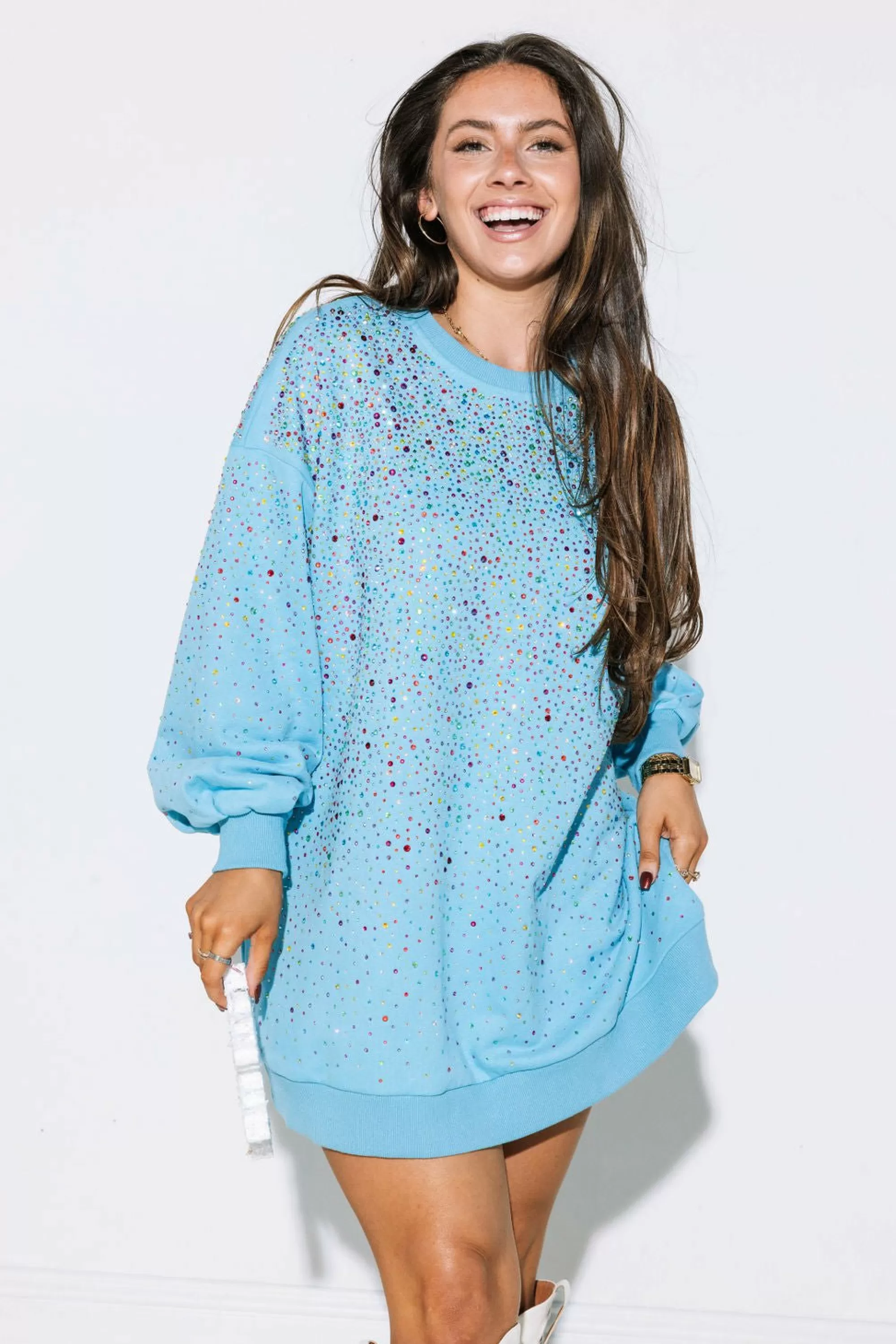womens Queen Of Sparkles Blue Full Rhinestone Sweatshirt Dress