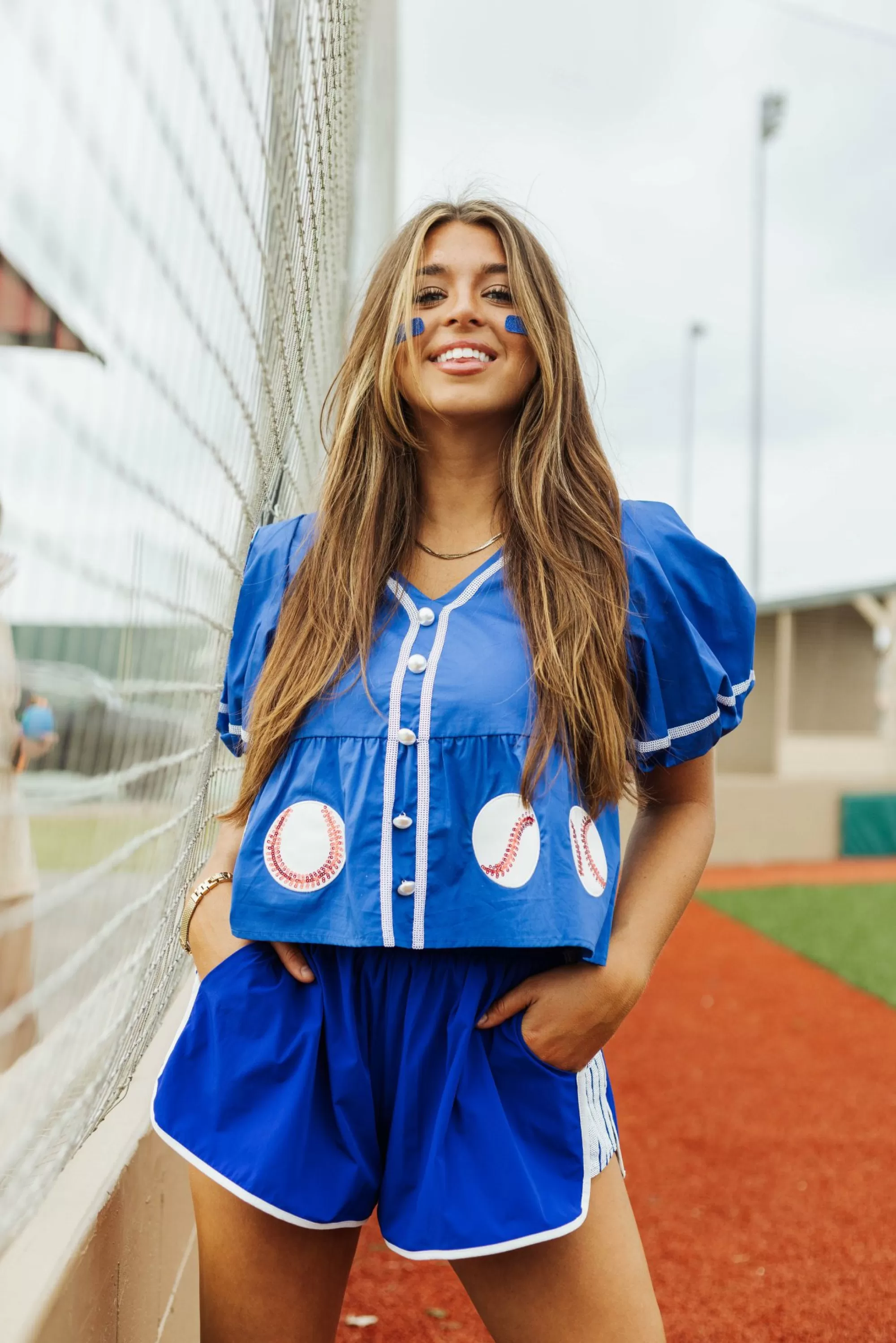 womens Queen Of Sparkles Blue Peplum Baseball Top