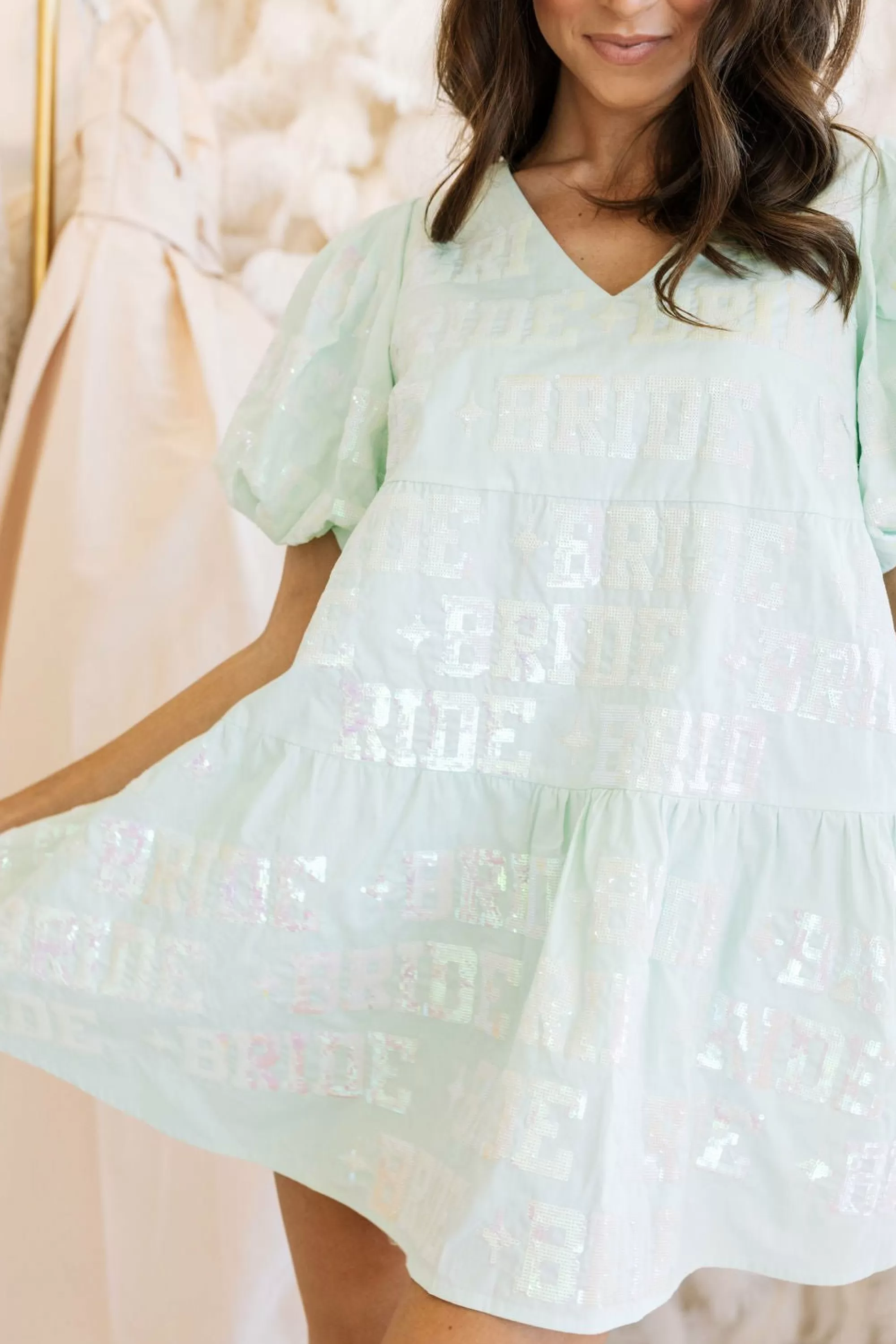 womens Queen Of Sparkles Bride All Over Poof Sleeve Dress