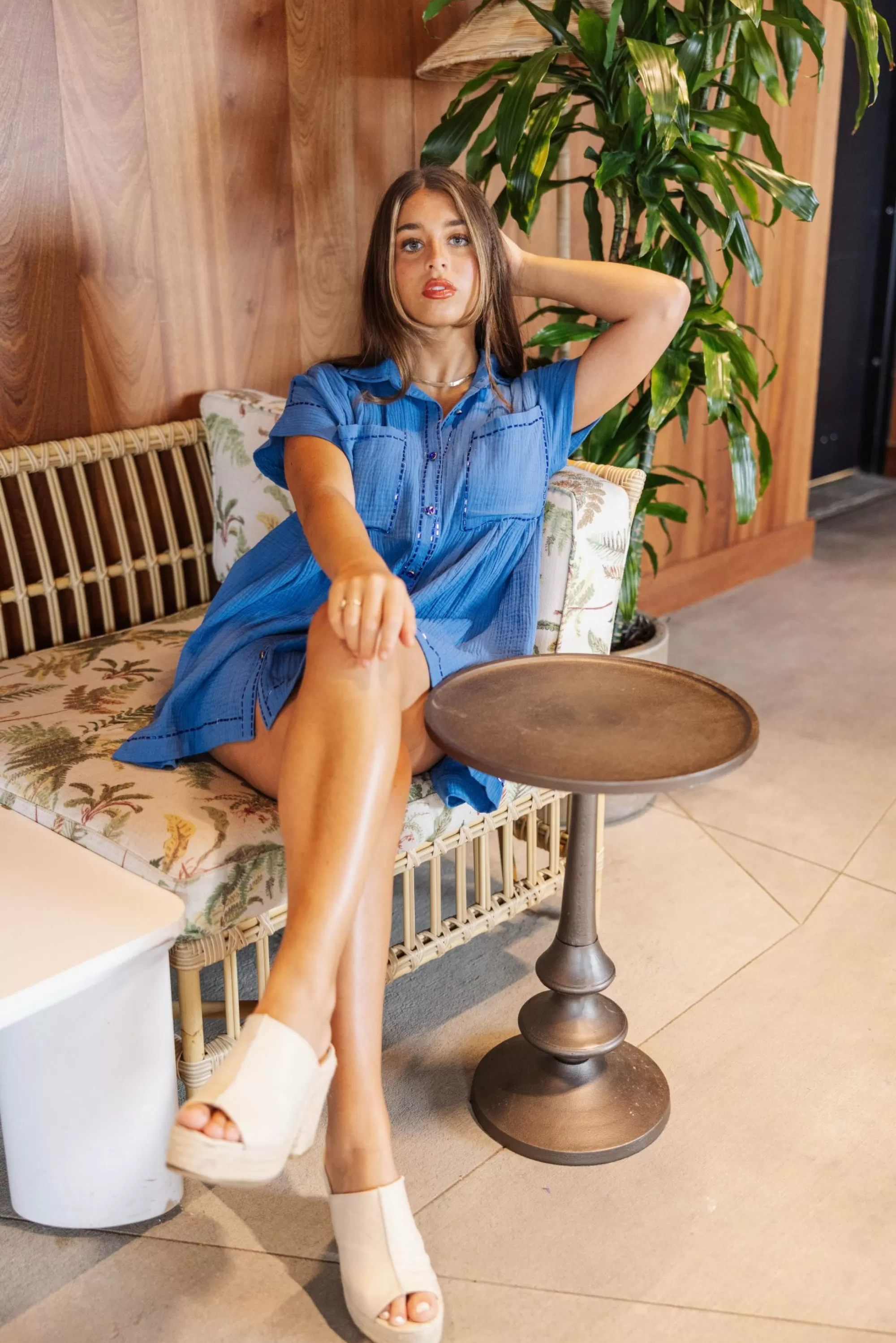 womens Queen Of Sparkles Bright Blue Gauze Button Down Dress