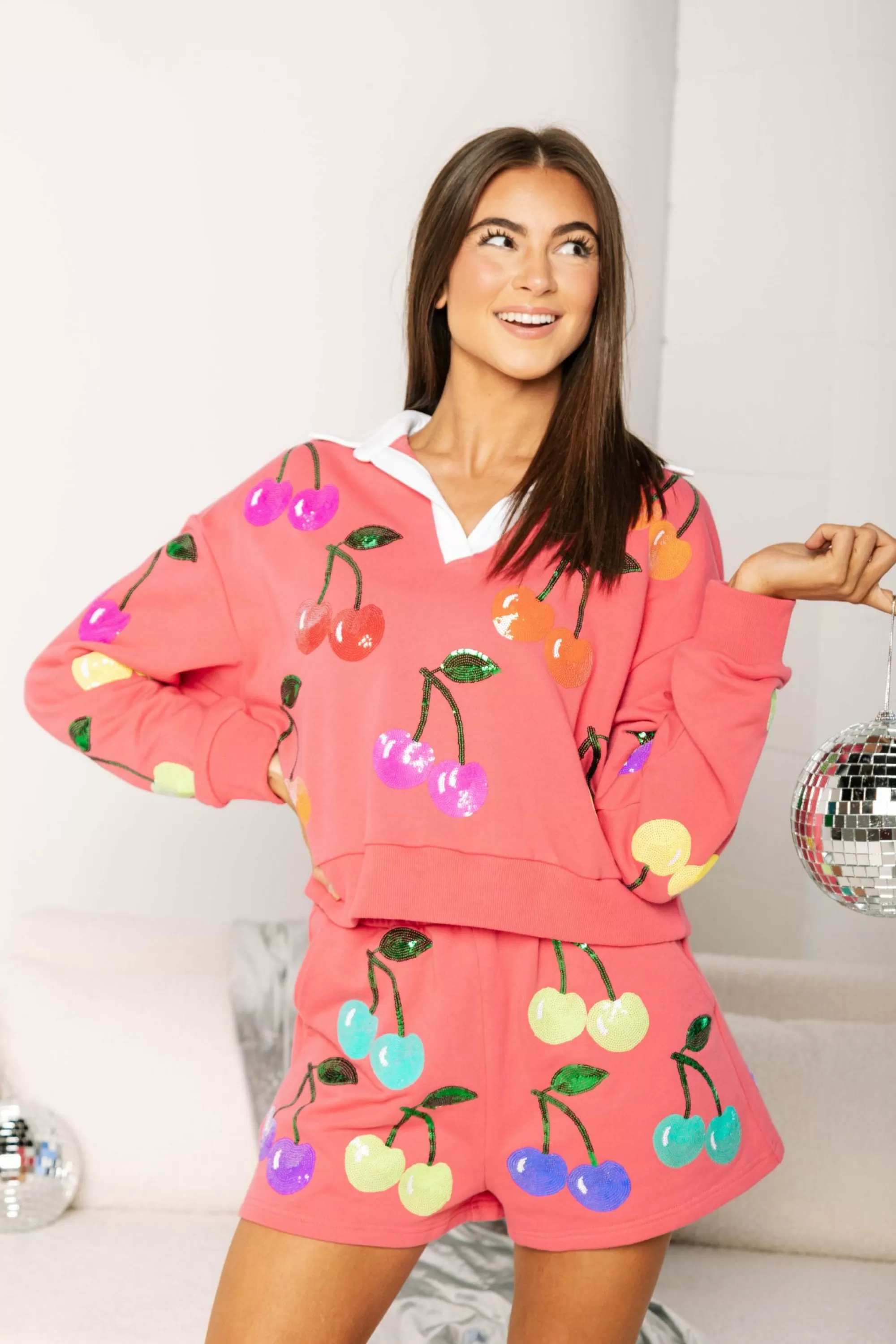 womens Queen Of Sparkles Bright Pink Rainbow Cherry Shorts