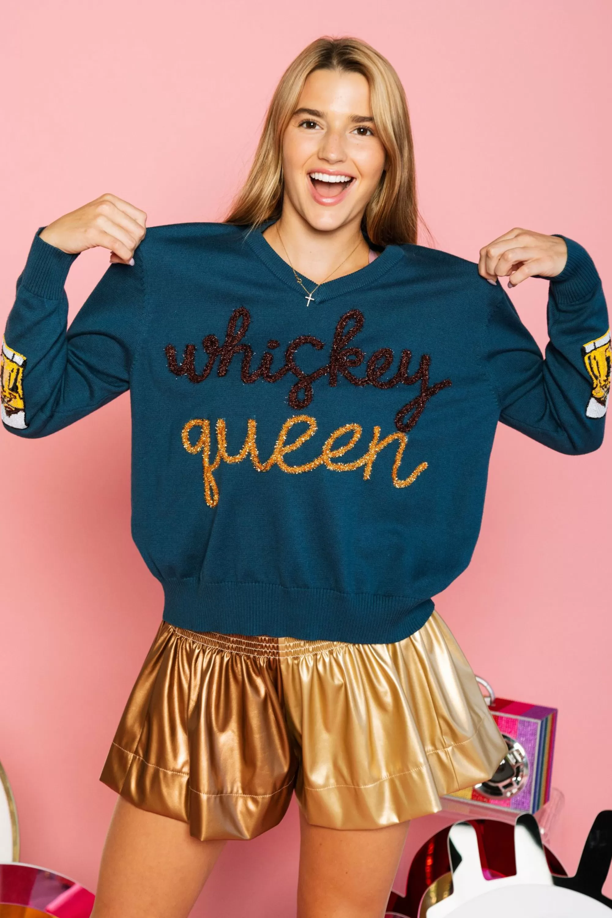 womens Queen Of Sparkles Bronze & Gold Leather Swing Shorts