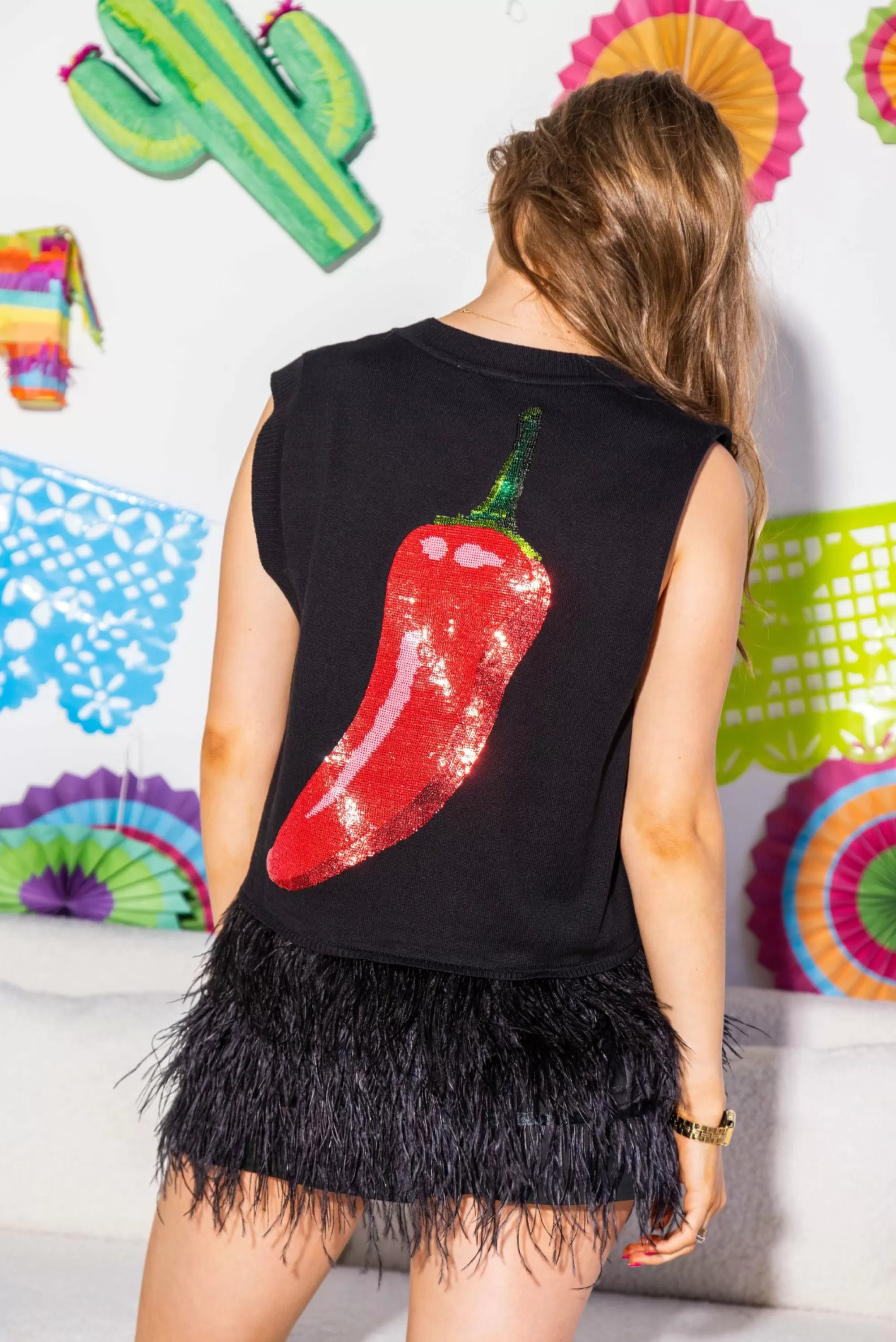 womens Queen Of Sparkles Caliente Feather Sweater Tank