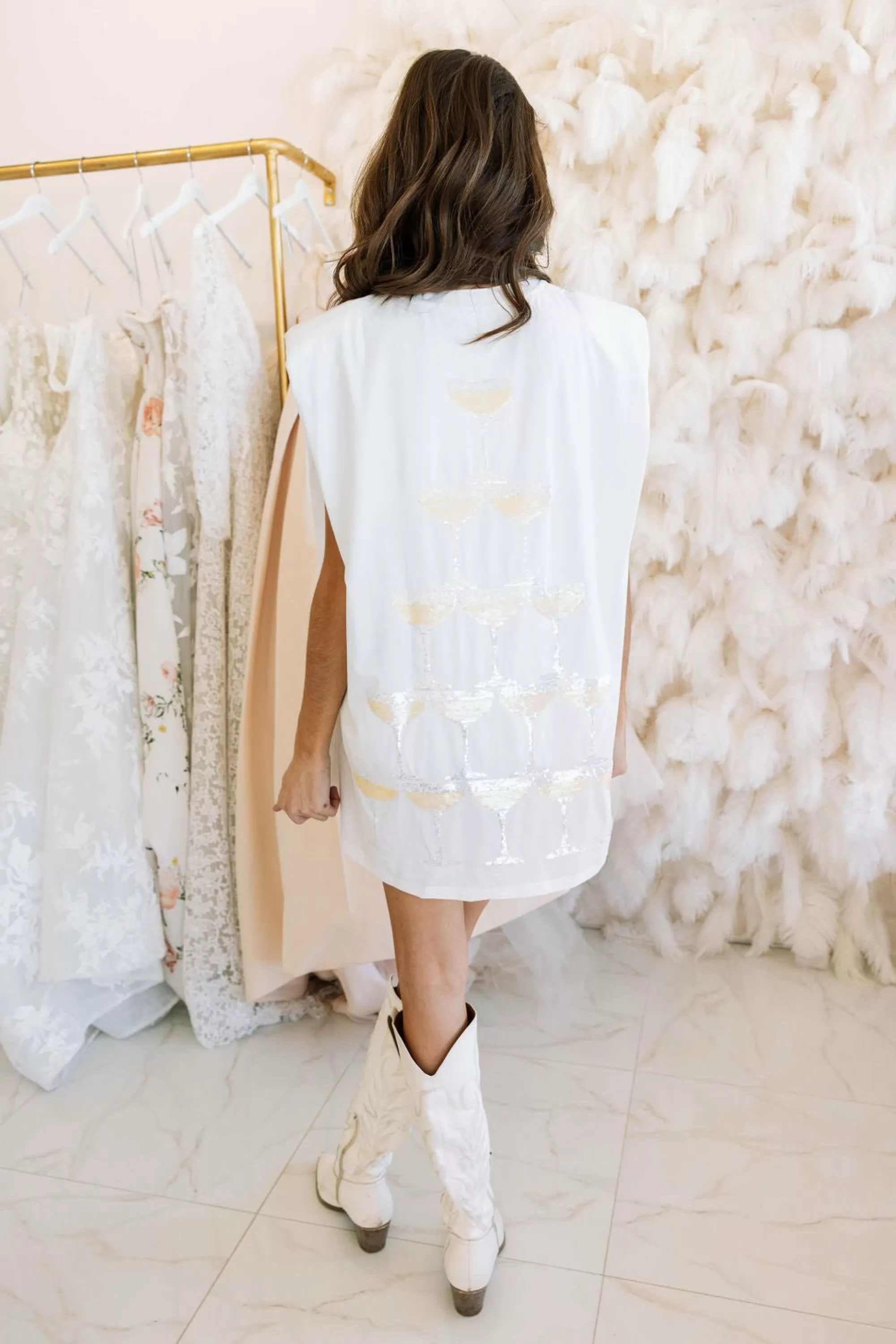 womens Queen Of Sparkles Champagne Tower Shoulder Pad Dress