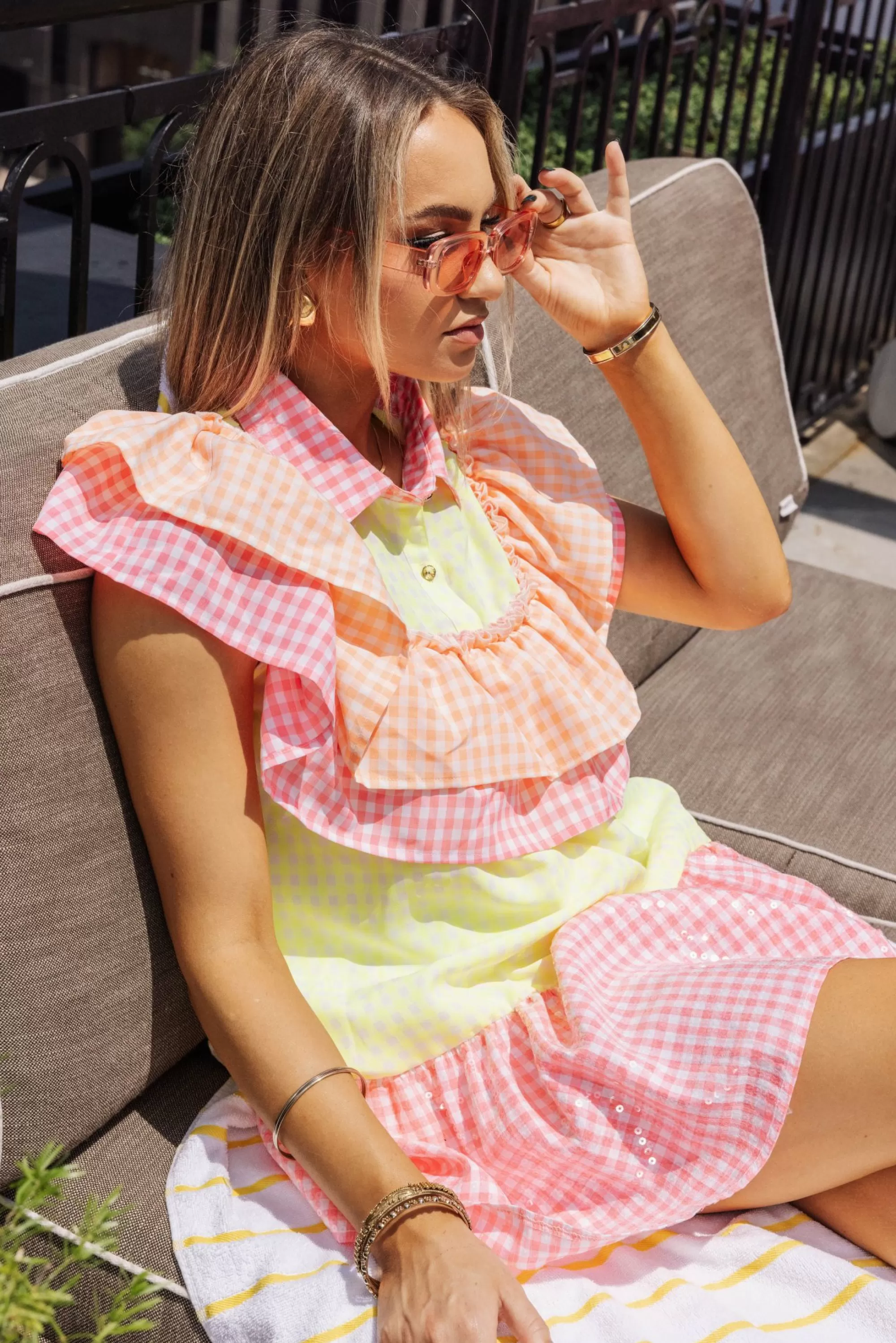 womens Queen Of Sparkles Checkered Ruffle Dress