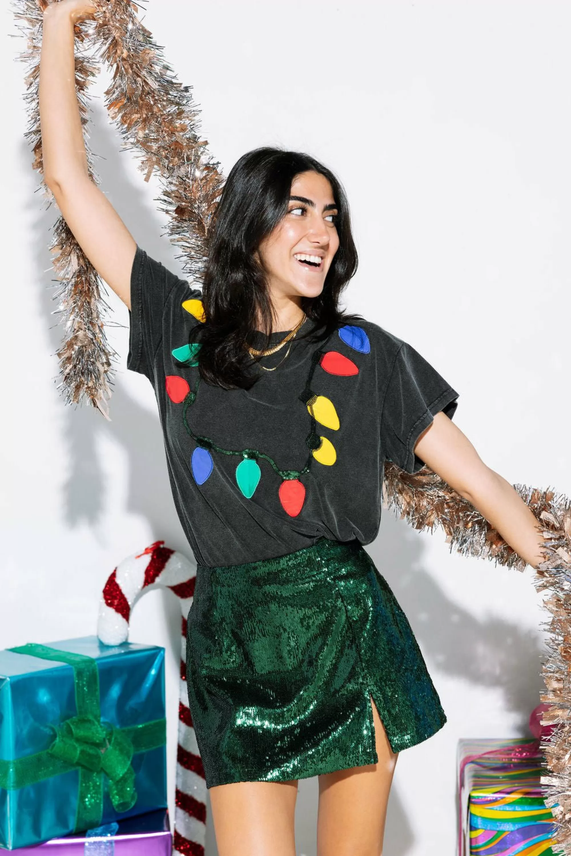 womens Queen Of Sparkles Christmas Light Necklace Tee