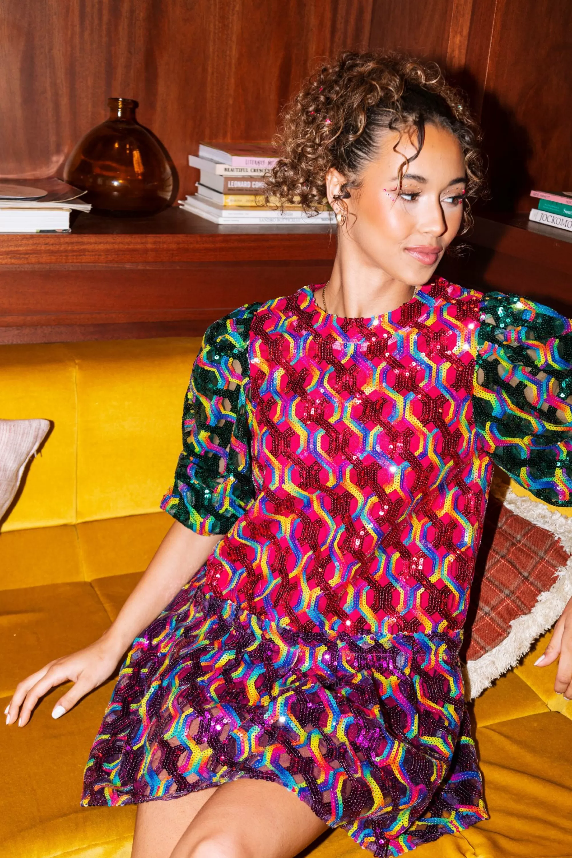 womens Queen Of Sparkles Colorblock + Rainbow Sequin Dress