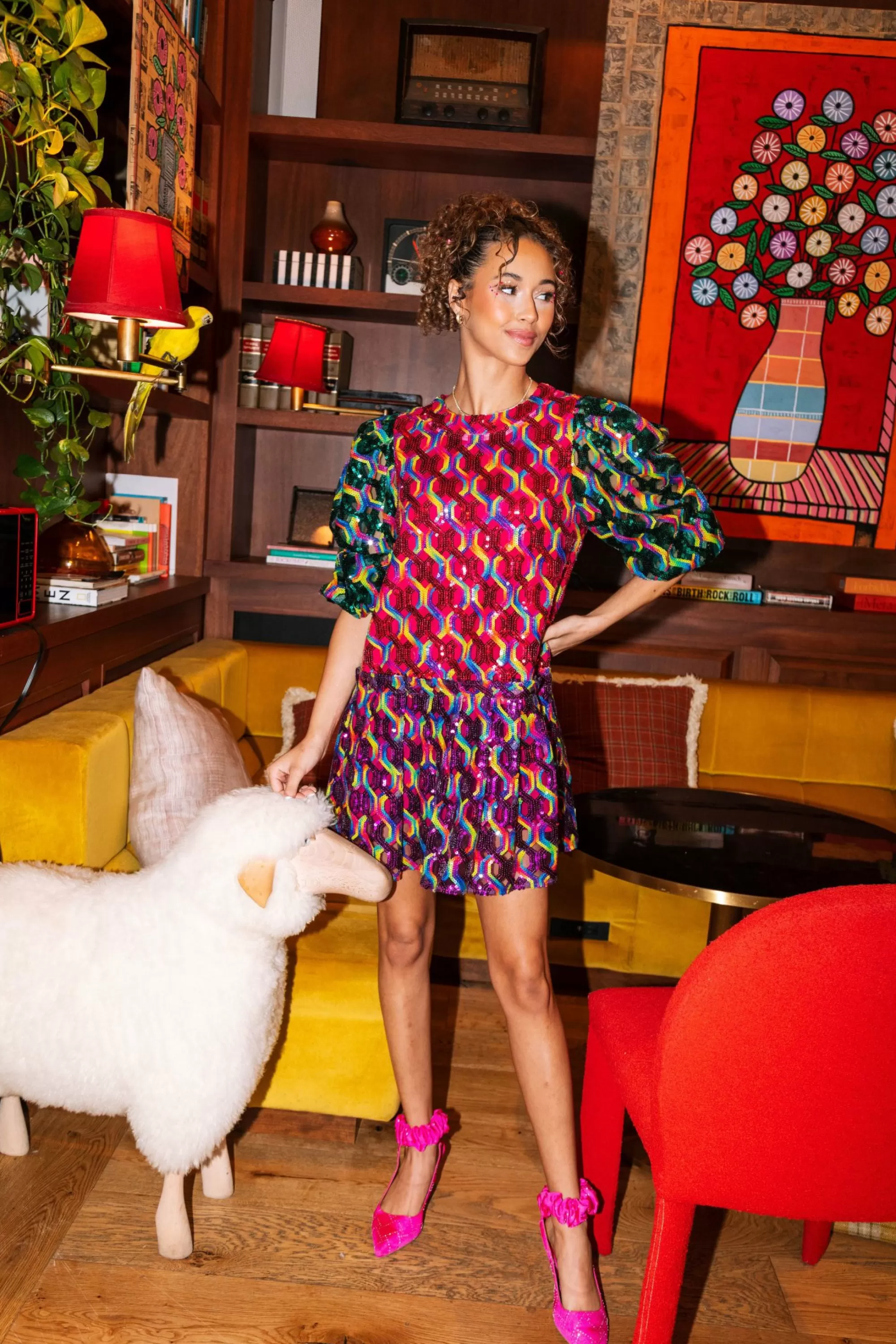 womens Queen Of Sparkles Colorblock + Rainbow Sequin Dress