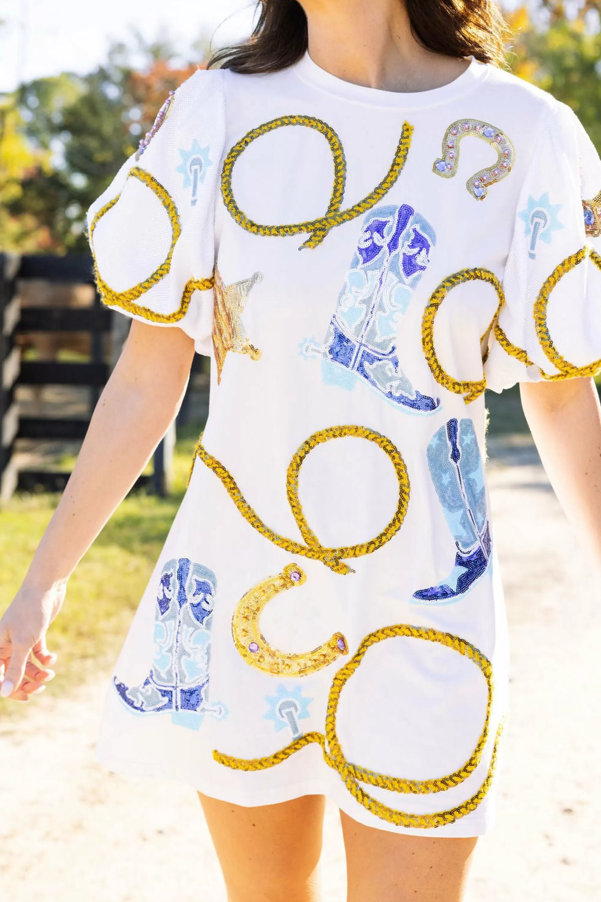 womens Queen Of Sparkles Cowgirl Icon Poof Sleeve Dress