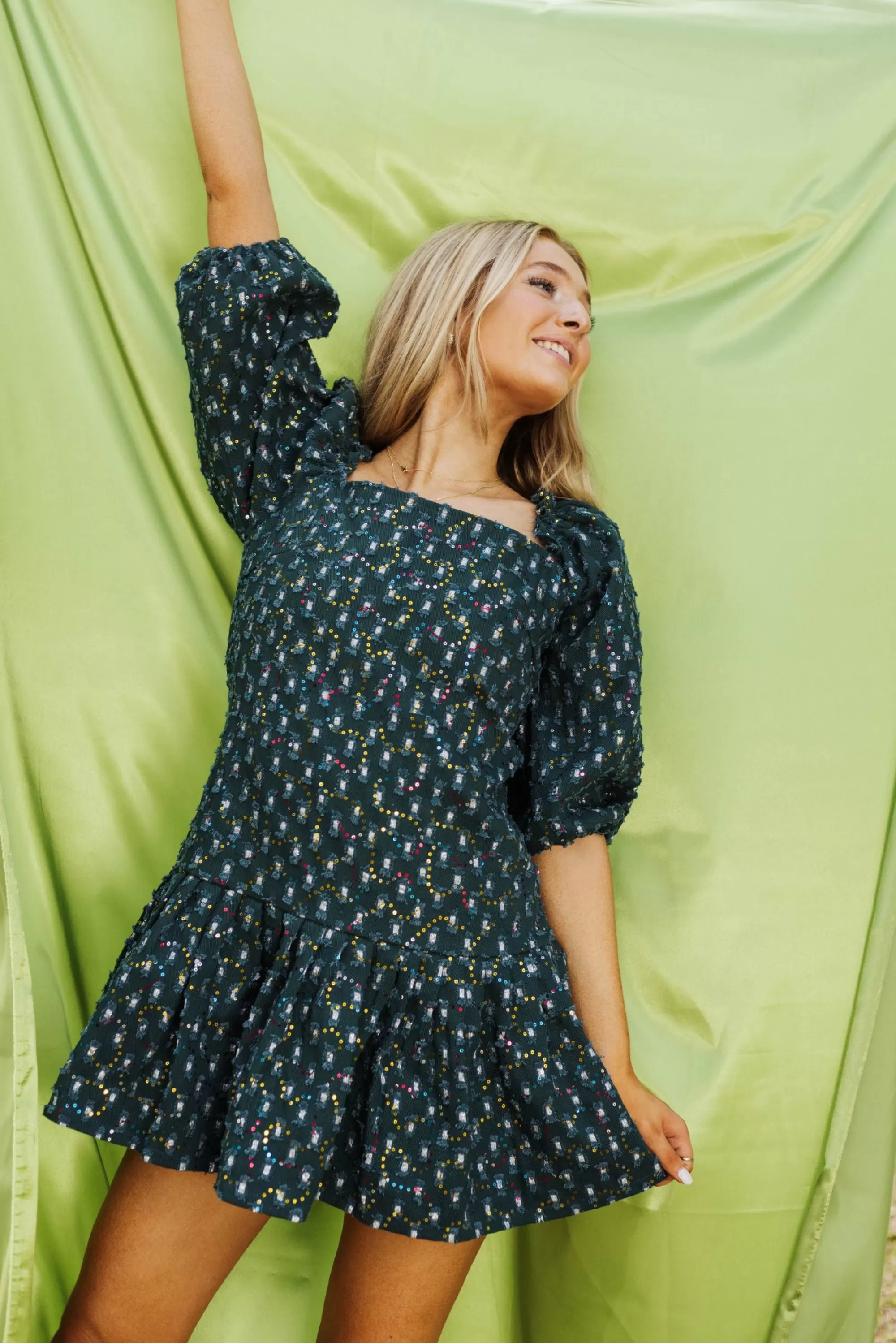 womens Queen Of Sparkles Dark Green Denim Drop Waist Dress