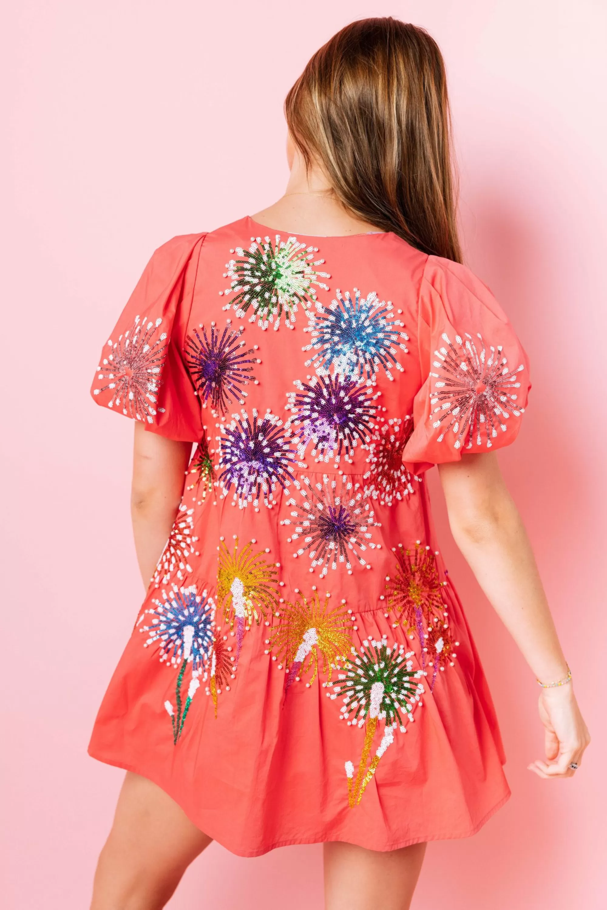 womens Queen Of Sparkles Firework Back Poof Sleeve Dress