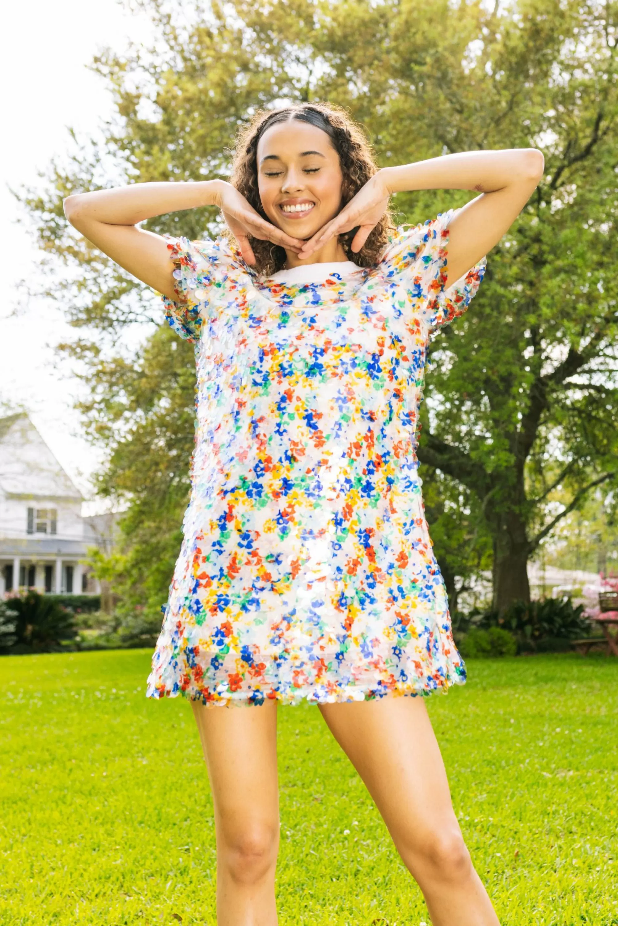 womens Queen Of Sparkles Floral Pailette Sequin Poof Sleeve Dress