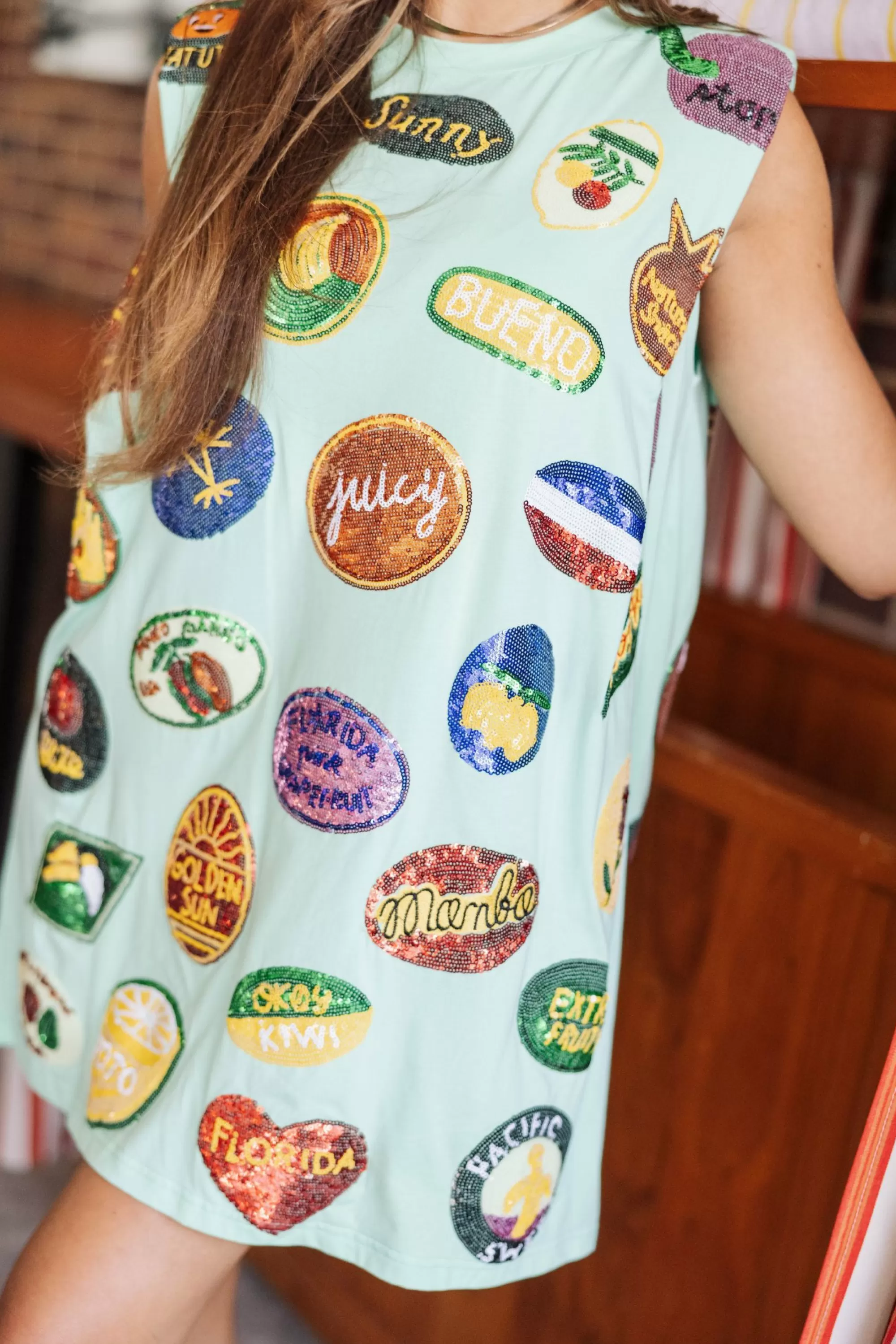 womens Queen Of Sparkles Fruit Sticker Dress