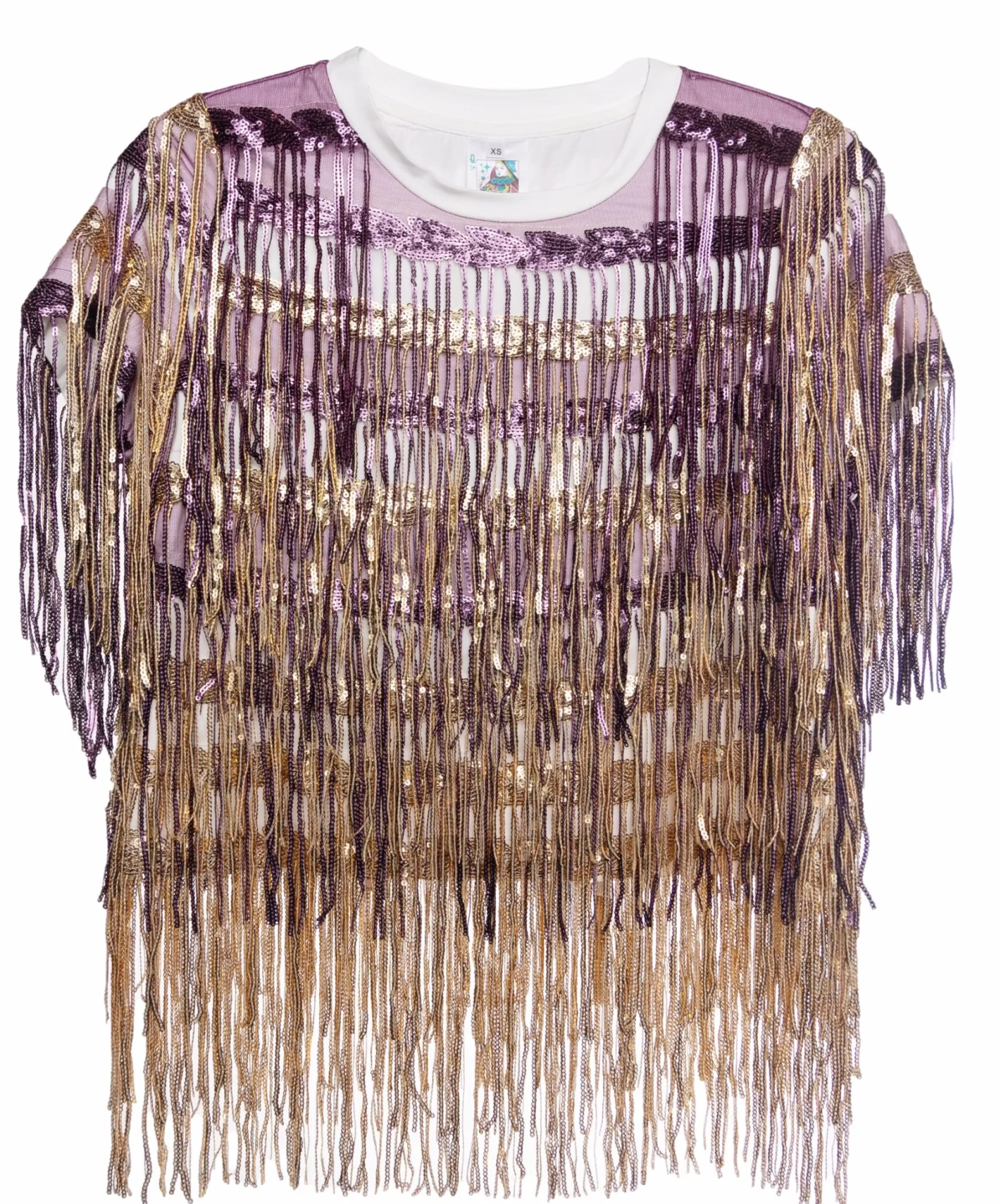 womens Queen Of Sparkles Full Sequin Fringe Purple & Gold Tee