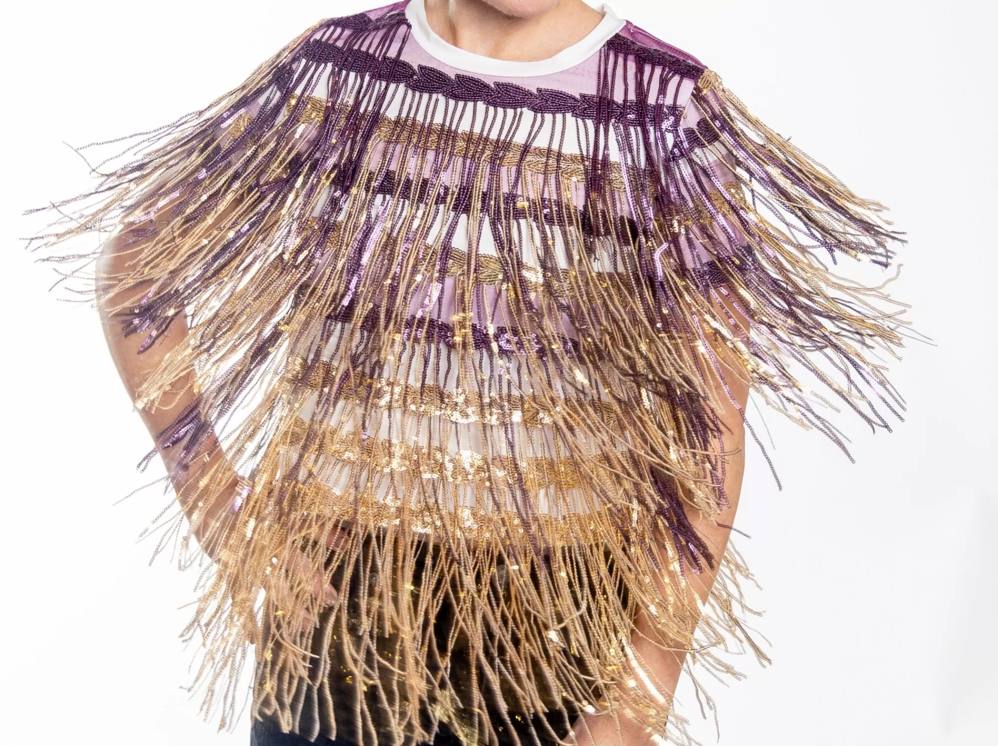 womens Queen Of Sparkles Full Sequin Fringe Purple & Gold Tee