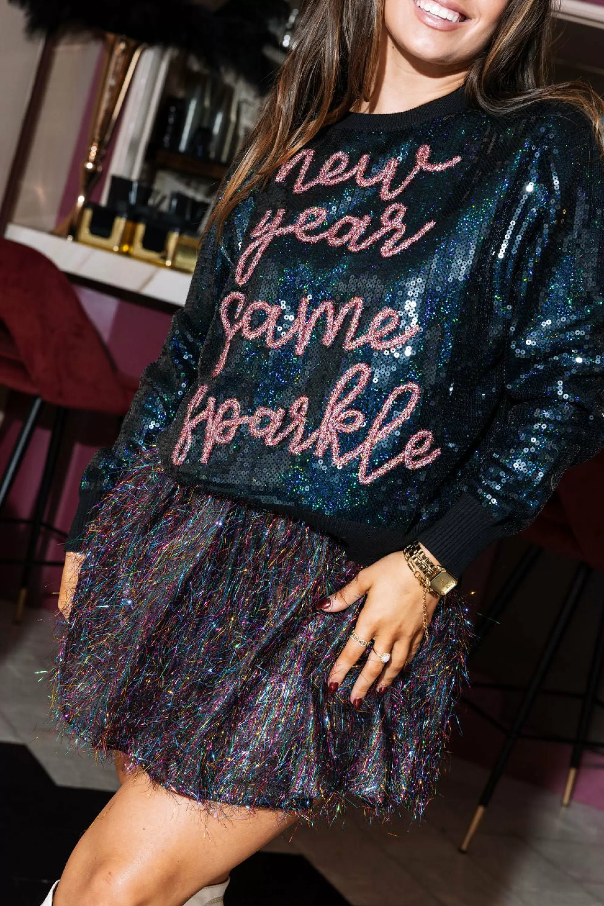 womens Queen Of Sparkles Full Sequin New Year Same Sparkle Sweater