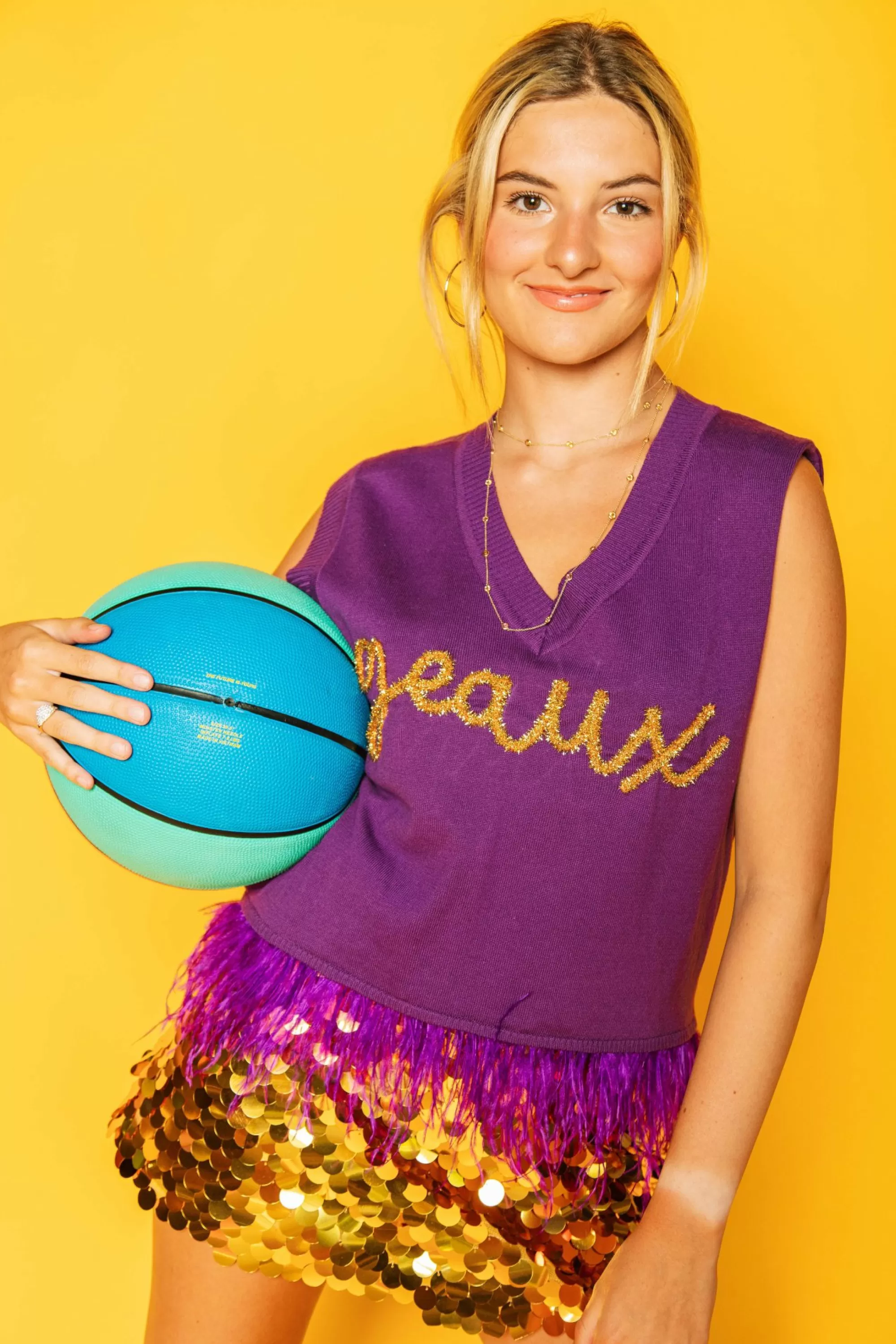 womens Queen Of Sparkles Geaux' Purple Feather Sweater Tank With Tiger