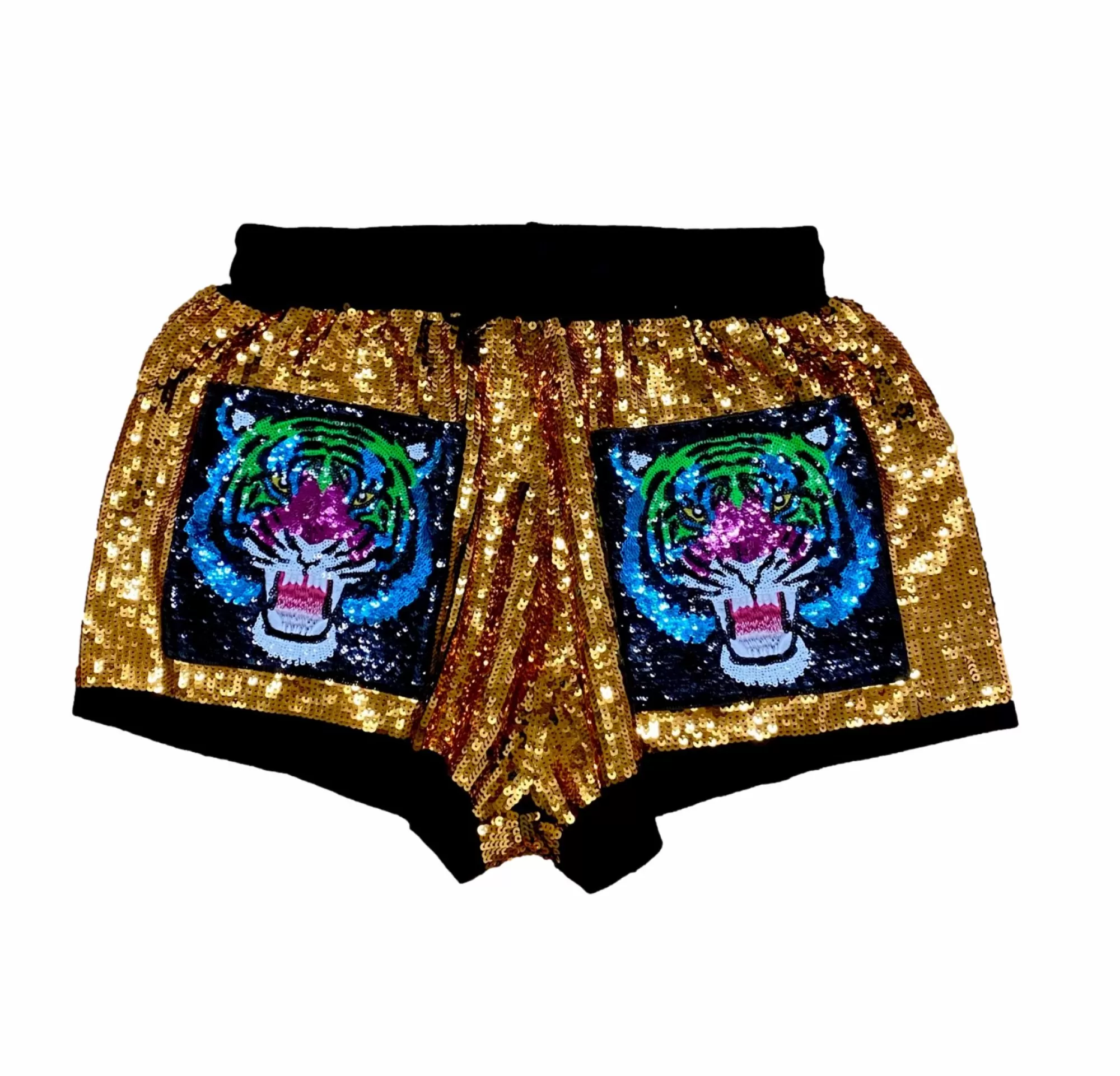 womens Queen Of Sparkles Gold Rainbow Tiger Sequin Shorts