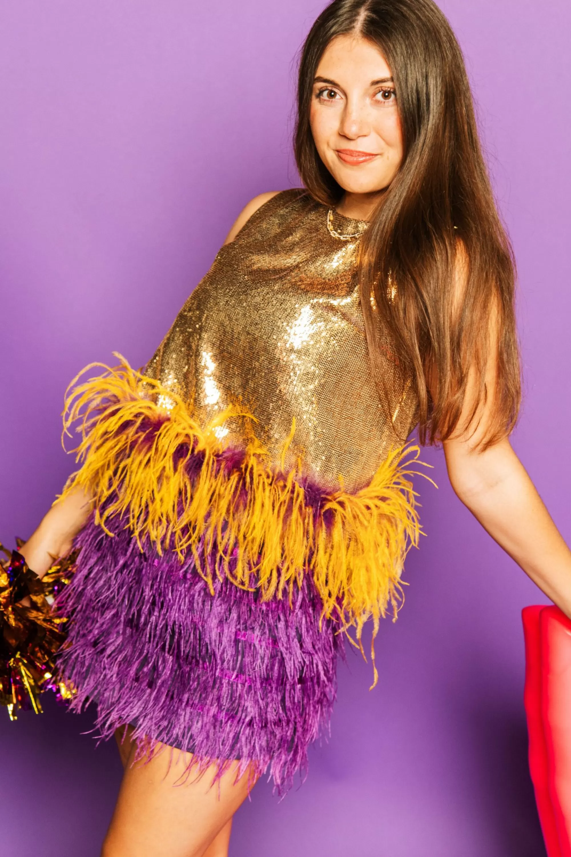 womens Queen Of Sparkles Gold Sequin Purple/Gold Feather Tank