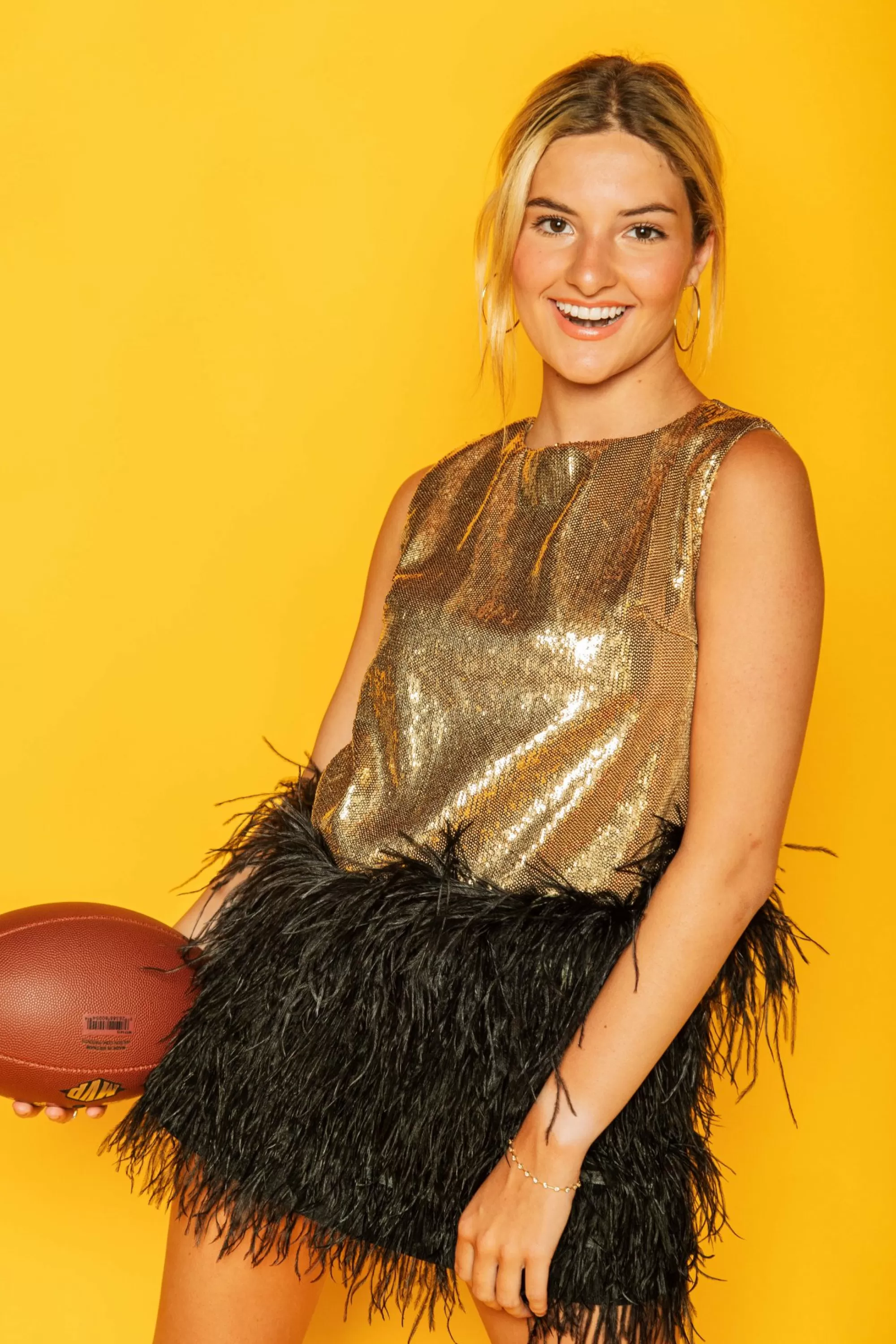 womens Queen Of Sparkles Gold Sequin Tank With Black Feathers