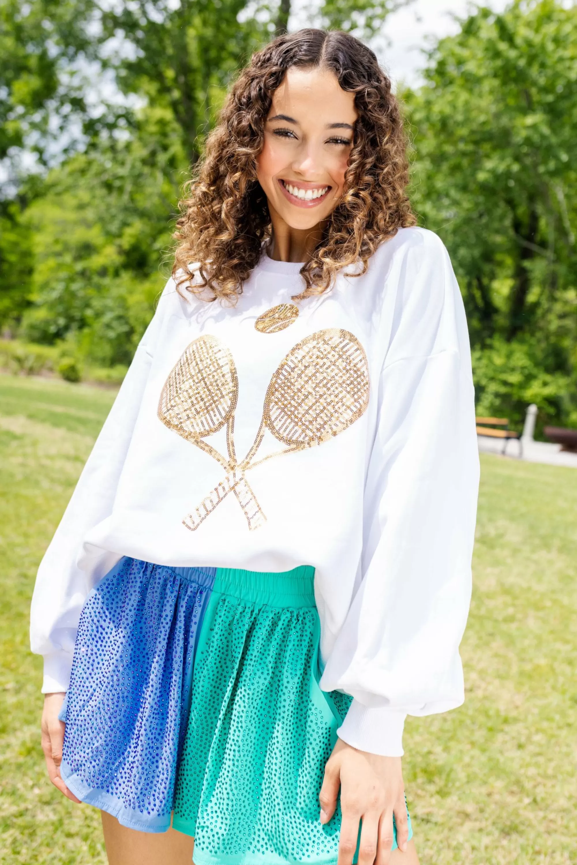 womens Queen Of Sparkles Gold Tennis Sweatshirt