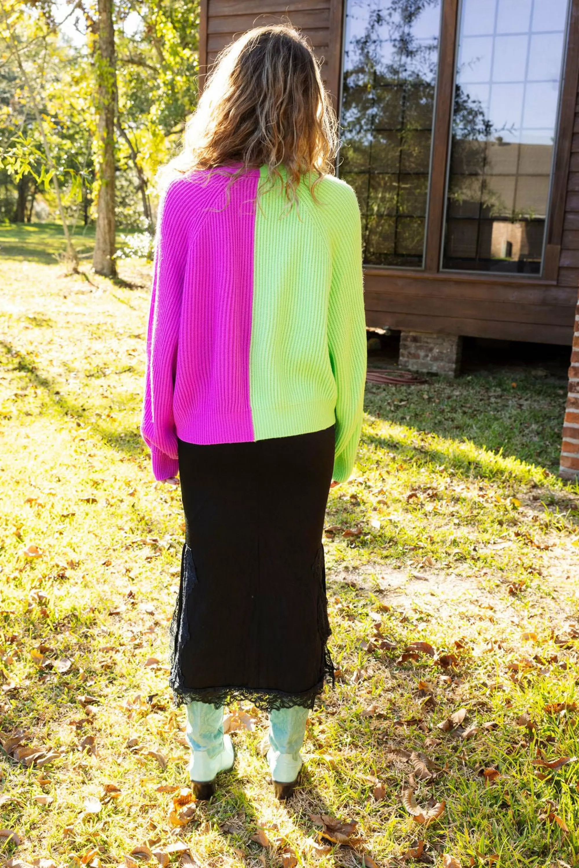 womens Queen Of Sparkles Green & Purple Colorblock Boot Cardigan